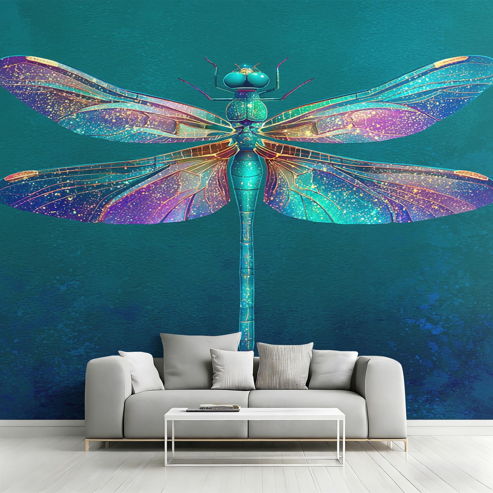 Papier peint libellule bleu sarcelle panoramique haut de gamme pour une decoration raffinee