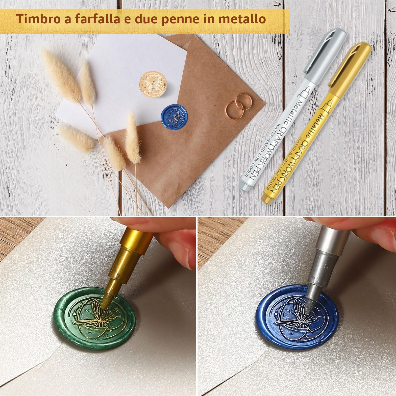 Comealltime Set di 630 francobolli di cera, set di 630 pezzi, con timbro a farfalla, scalda cera, cucchiaino, lumini, buste, decorazioni fai da te per inviti di nozze