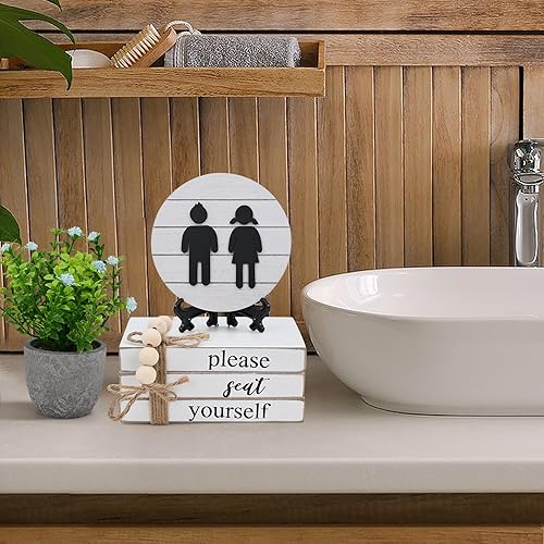 Miniatura 2 de Letreros divertidos para decoración de estante de baño, letreros redondos 3D y apilamiento de libros con 1 planta artificial, letrero de madera para