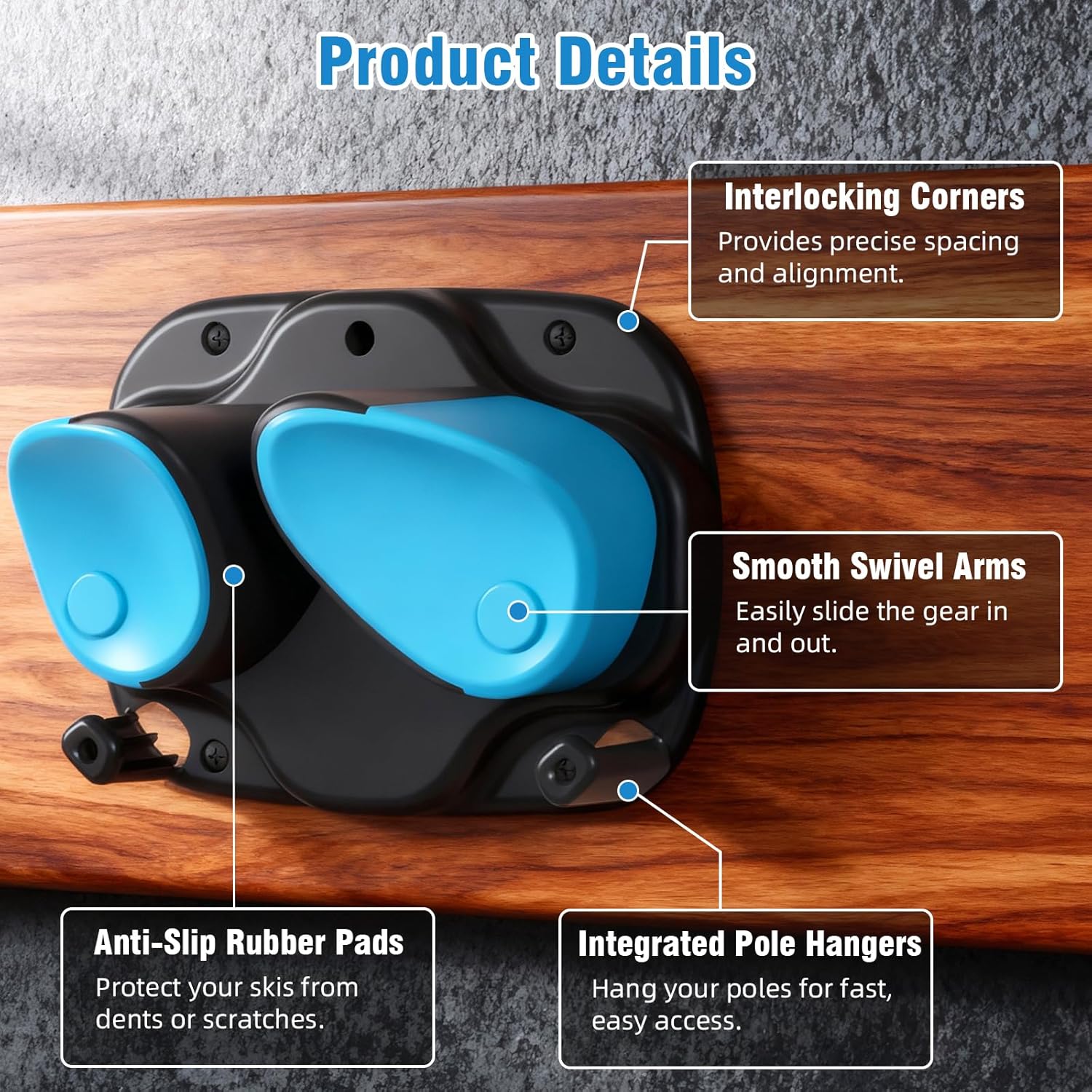 WDZREE Ski & Snowboard Wall Rack for Garage, Fits Any Ski or Board, Ski Wall Mount Garage Organization Holders, Damage-Free Storage Rack, Space-Saving Clamp Winter Gear Organizer, Blue (4 Pack) - Image 7