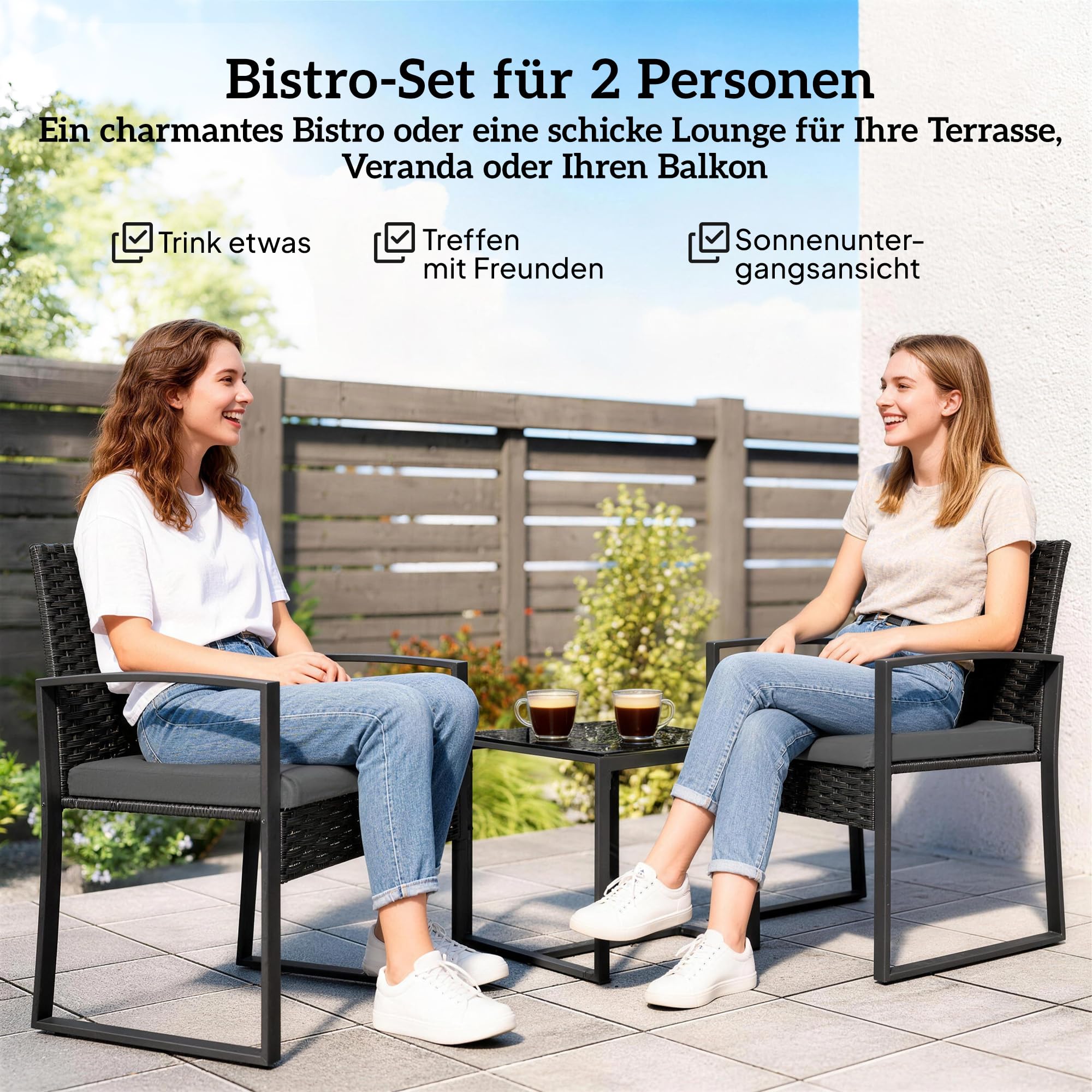 Outsunny Zestaw Bistro, 3-częściowy Zestaw Mebli Ogrodowych z 2 Fotelami, Stolik Kawowy, Poduszki, Zestaw Balkonowy, Meble Tarasowe, Ciemnoszary