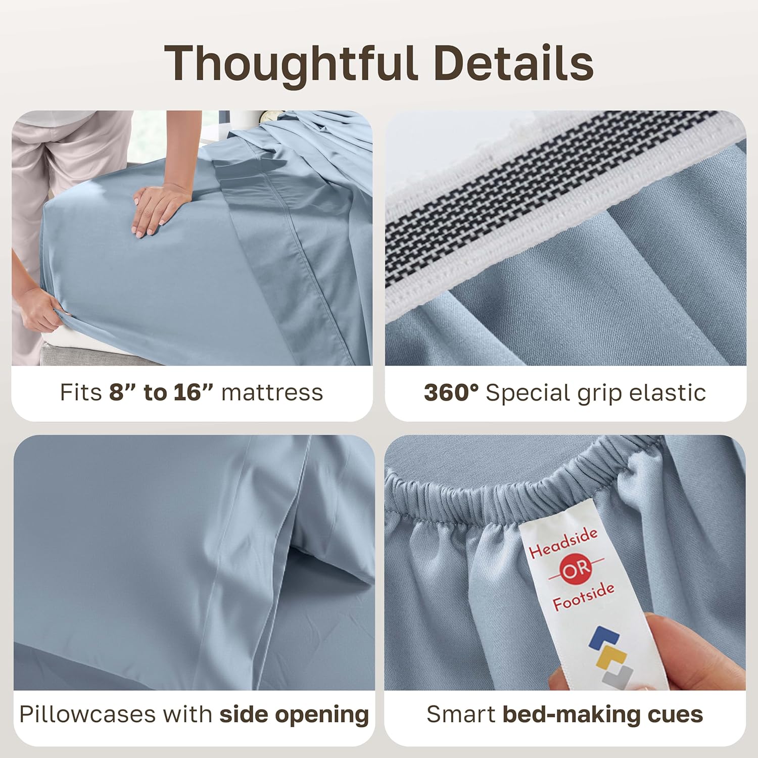 California Design Den Thick and Natural 100% Cotton Sheets for Queen Size Bed Set - 1000 Thread Count Sateen, Deep Pocket Queen Bed Sheets, Durable Bedding Set - Blue - Image 4