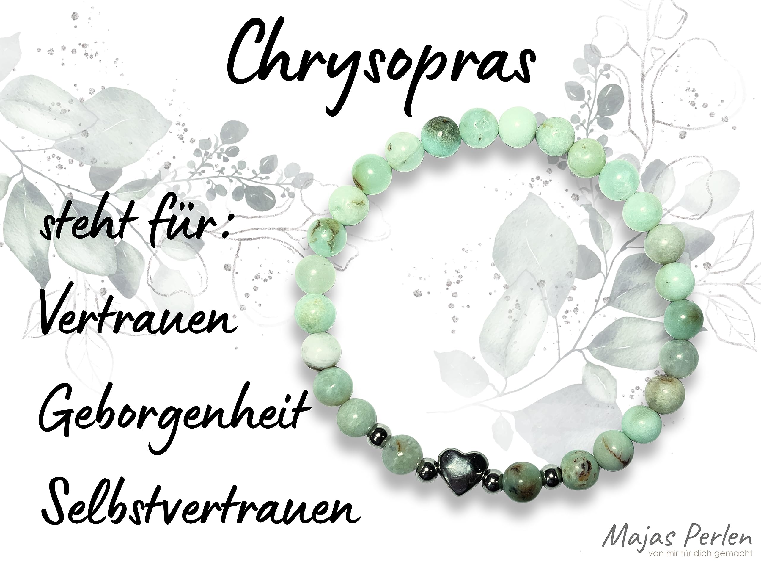 Chrysopras Armband Perlen echt 6mm Herz Edelstahl Silber Gold Roségold oder Ionisiert - Handmade Perlenarmband Vertrauen Geborgenheit Selbstvertrauen - Spiritueller Schmuck Damen Mädchen
