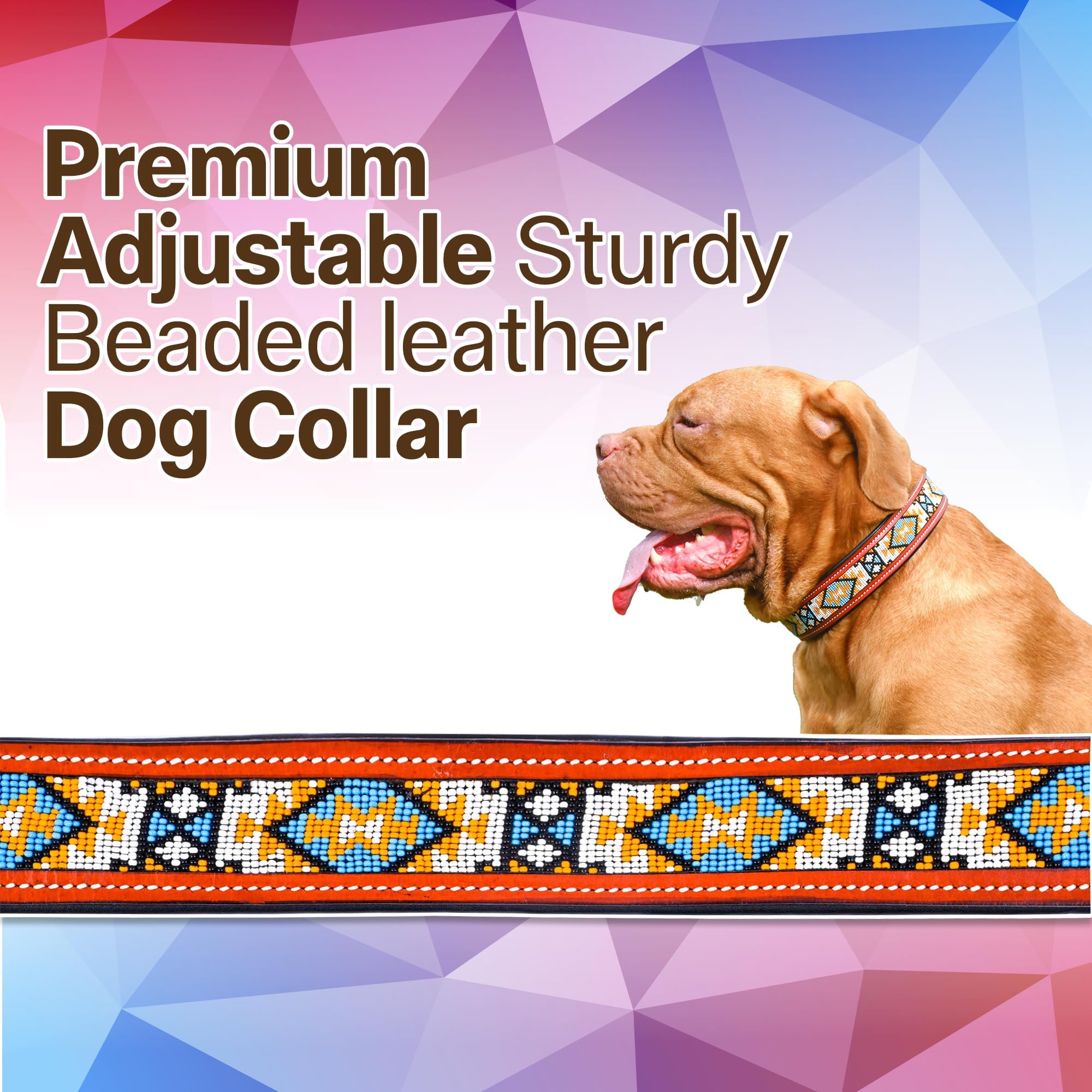 Sparrow Daughter Beaded Leather Dog Handcrafted Ethnic Tribal Pattern Padded 2.5 inch Wide Brass Hardware Strong D-Ring Adjustable Walking Training Neckbelt Pets-Red (22X1.5 Inch) 1