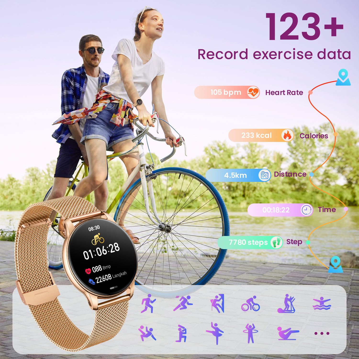 Orologio Smartwatch Donna Smart Watch: 1.32" Orologi Digitale con Effettua Risposta Chiamate Modalità Sportive Pressione Sanguigna Sonno Contapassi Impermeabile IP68 Fitness Tracker per iOS Android