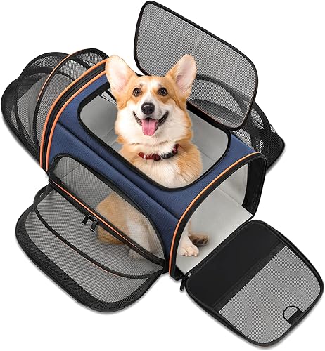 Meowant - Transportador de mascotas, aprobado por aerolíneas, transportador de perros expandible de 3 lados con almohadilla de vellón, 3 puertas