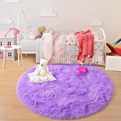 Miniatura 4 de junovo - Alfombra redonda y esponjosa para niños y niñas, de castillo de princesa, de felpa lanuda, para dormitorio, habitación de bebé, sala de