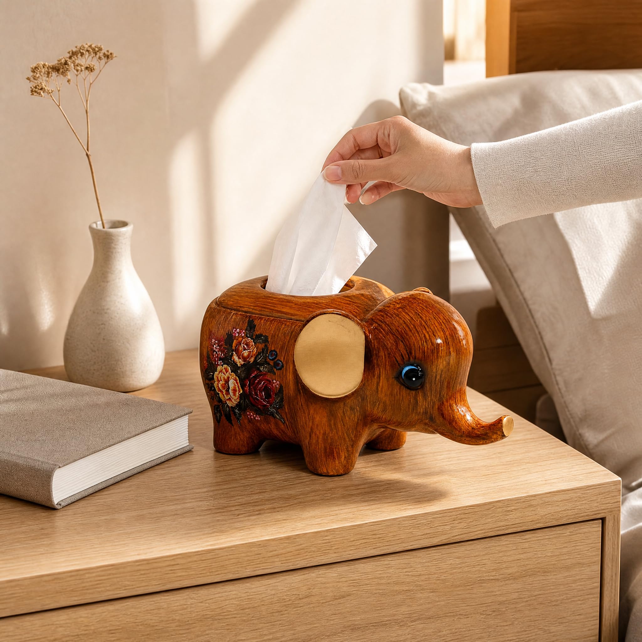 Boîte à Mouchoirs Éléphant Céramique, Éléphant Blanc Fleurs et Oiseaux