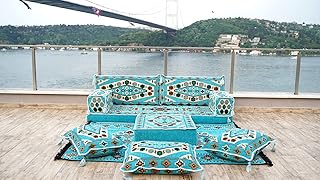 Light Blue Arabic Majlis, Arabic Floor Couch, Oriental Cushion, Moroccan Floor Seating Set, Moroccan Cushion, Ethnic Floor Cushion, Sofa Covers (Sofa + Ottoman + Pillows, 4'' Thickness (10 cm))