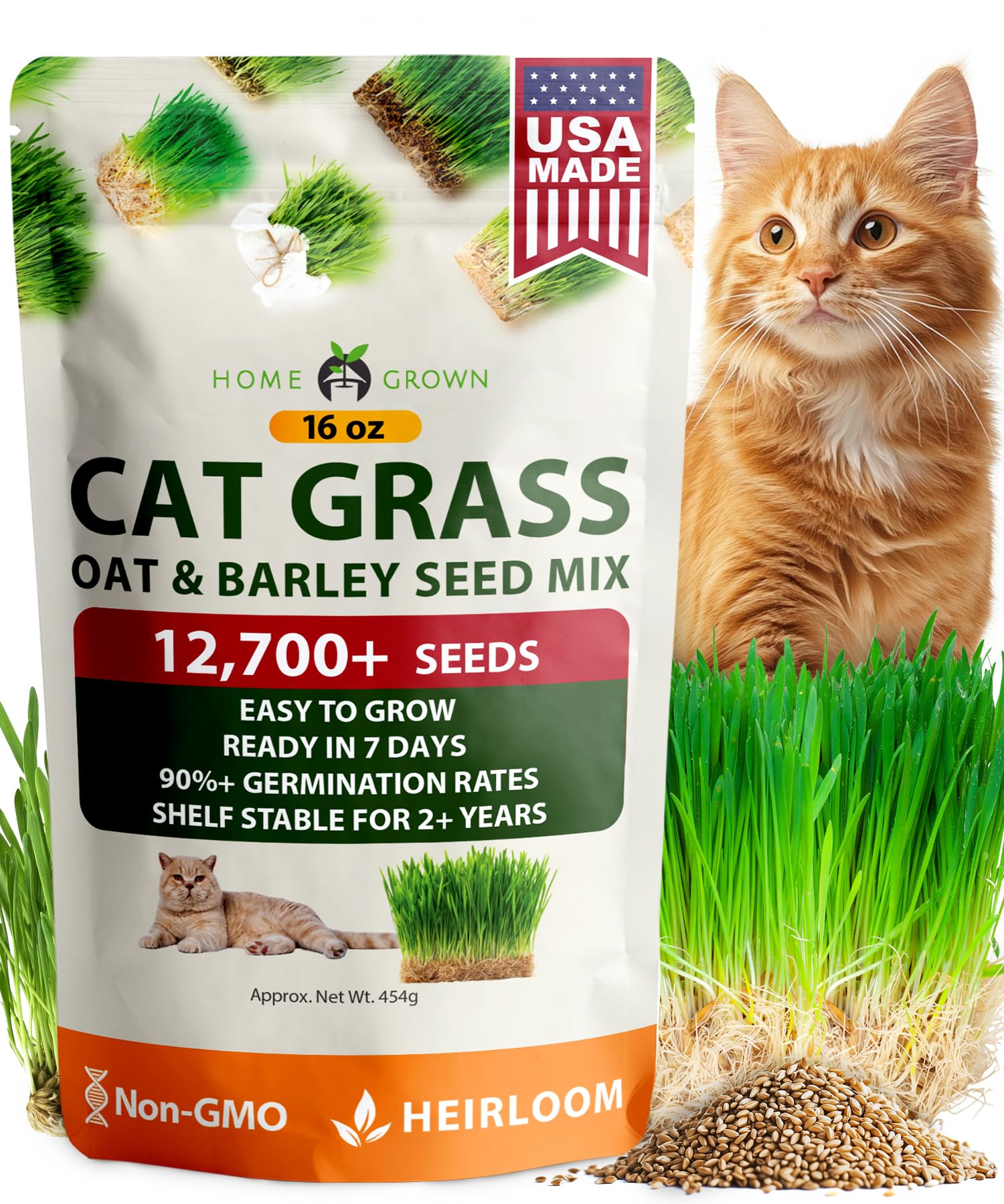 HOME GROWN 𝗨𝗦𝗔 𝗣𝗥𝗘𝗠𝗜𝗨𝗠 1 Pound Cat Grass Seeds for Cat & Kittens Oat & Barley Mix 100% 𝗡𝗢𝗡-𝗚𝗠𝗢 Heirloom, Grow Fresh Kitty Grass for Chewing, Pet Grass for Cats Indoor Garden