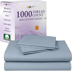 California Design Den Bed Sheets Queen Size Set - Luxury 1000 Thread Count Sateen, Thick and Natural 100% Cotton Bed Sheet, Deep Pockets, Soft, Breathable and Durable Bedding Set - Blue