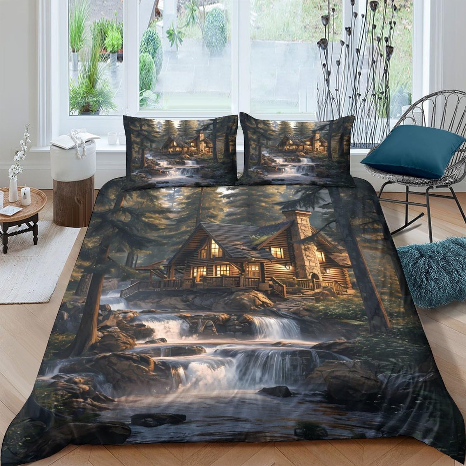 TUFRTGYHN 3D Printed Forest Cabin Duvet Cover Microfiber Soft Breathable Waterfall Bedding Set with 2 Pillowcases for Bedroom Decor Single（135x200cm）