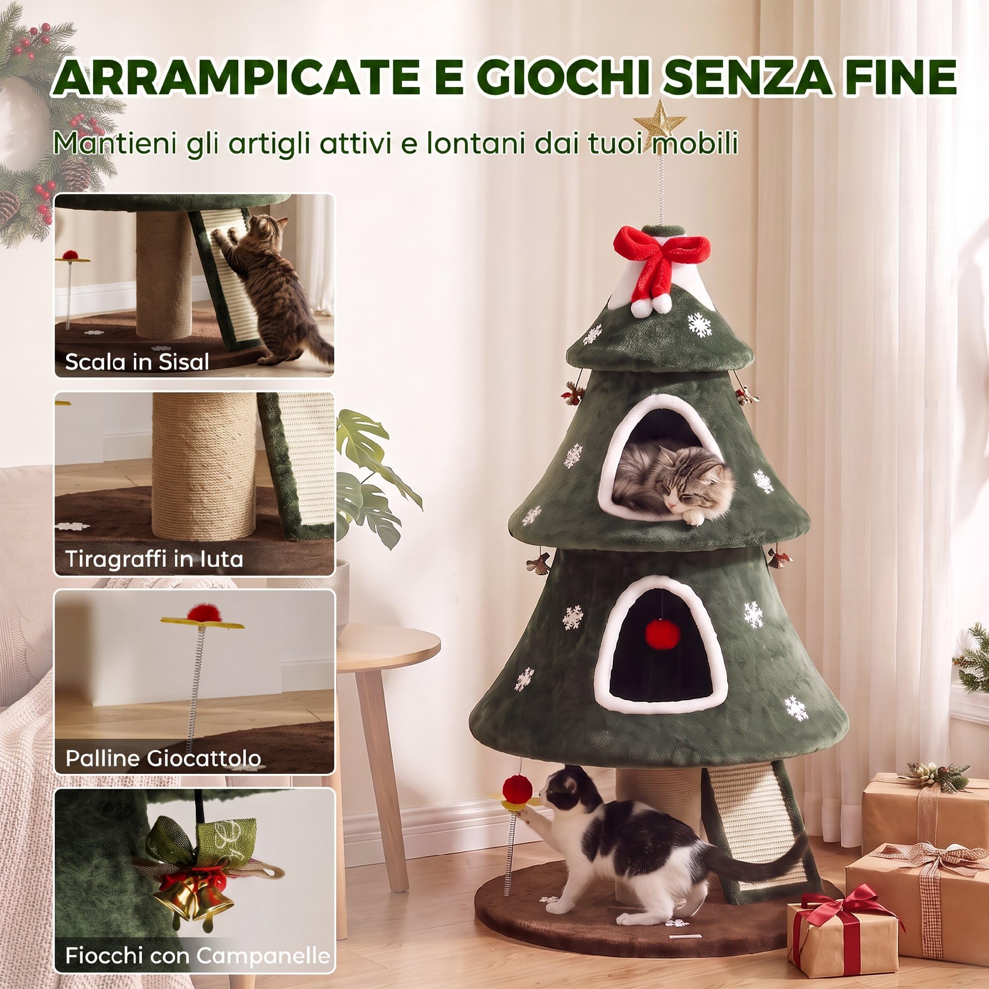 PawHut Albero Tiragraffi Natalizio per Gatti, 2 Cucce, Torre per Gatti con Scala in Sisal, Pali in Juta, Cinghia Antiribaltamento e Palline, 60 x 60 x 132 cm, Verde