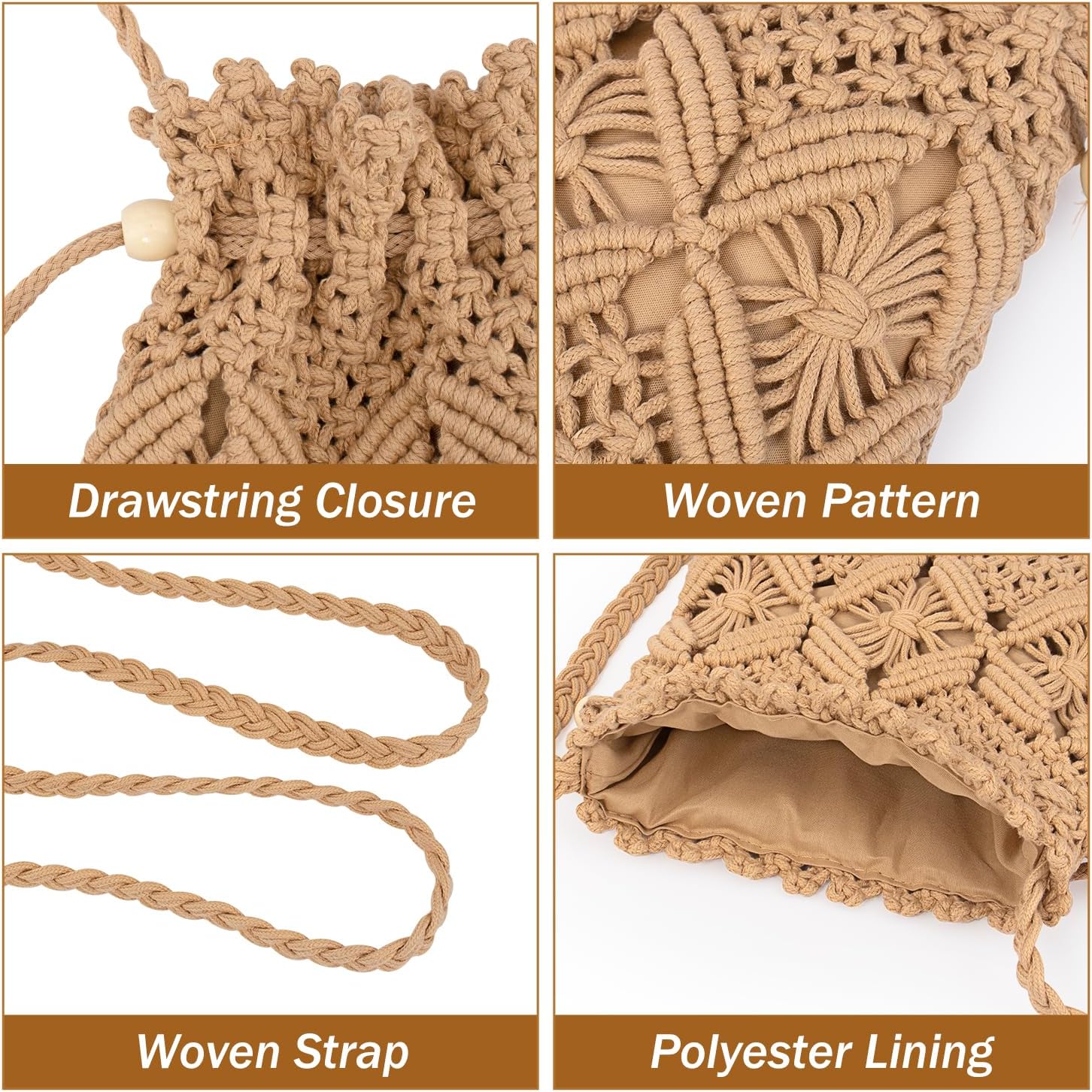 Peicees Drawstring Crochet Bag Purse- Woven Crossbody Purse For Women Summer Beach Vacation Travel Boho Shoulder Bag Small - Image 4
