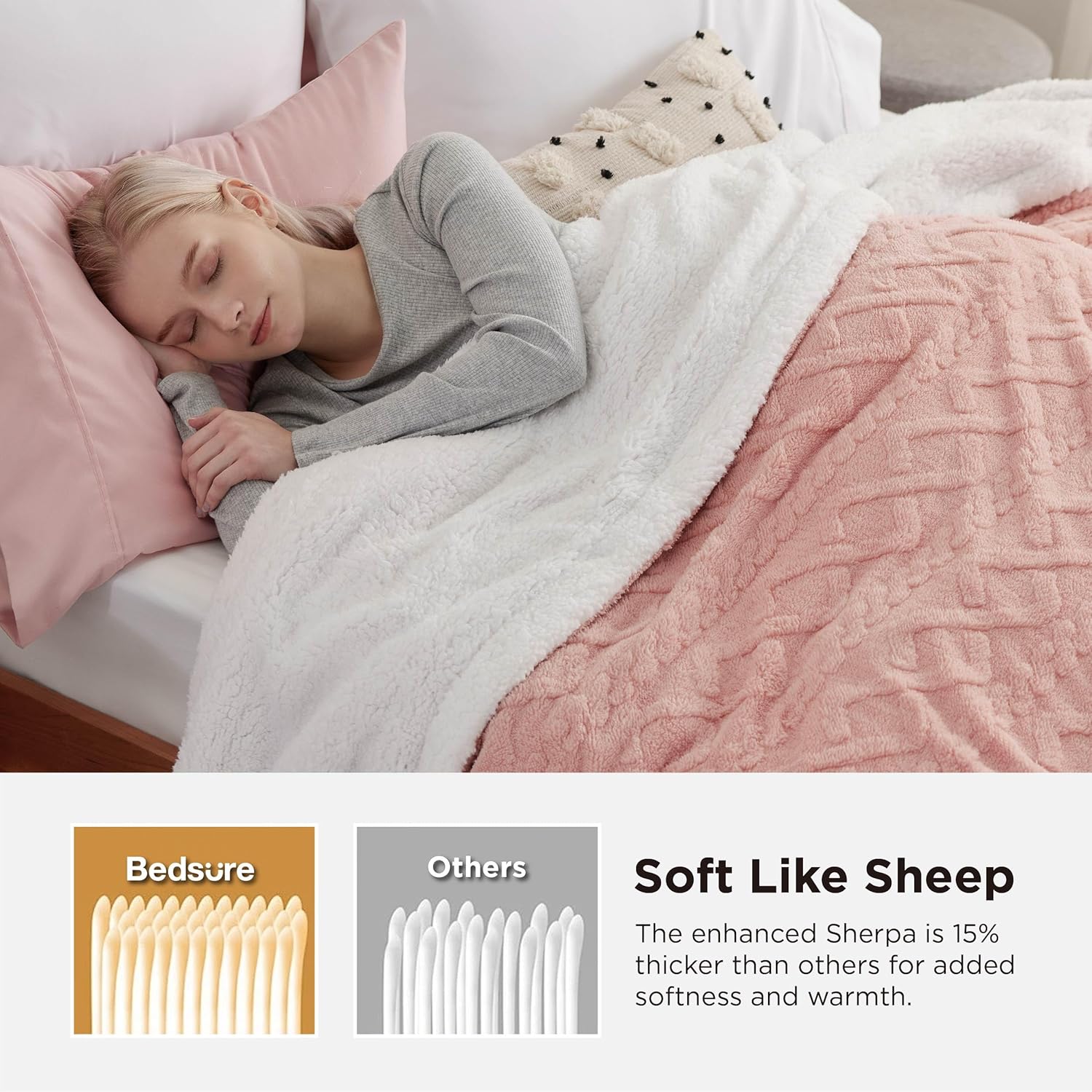 Bedsure Gentlesoft Sherpa Fleece Throw Blanket for Couch - Fluffy & Cozy Cable Jacquard Tufted Throw for Women Gift and Valentine Decor, Thick and Warm Blanket for Winter, Pink, 50x60 Inches - Image 3
