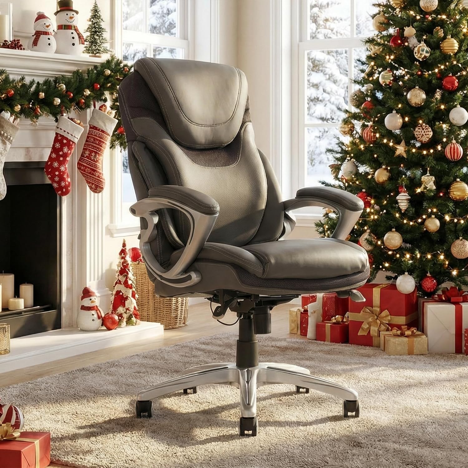 Serta Bryce Executive Office Chair, Ergonomic Computer DeskChairs with Patented AIR Lumbar Support, Comfy Body Pillows, Height Adjustable, Swivel Base with Wheels, Bonded Leather, Gray