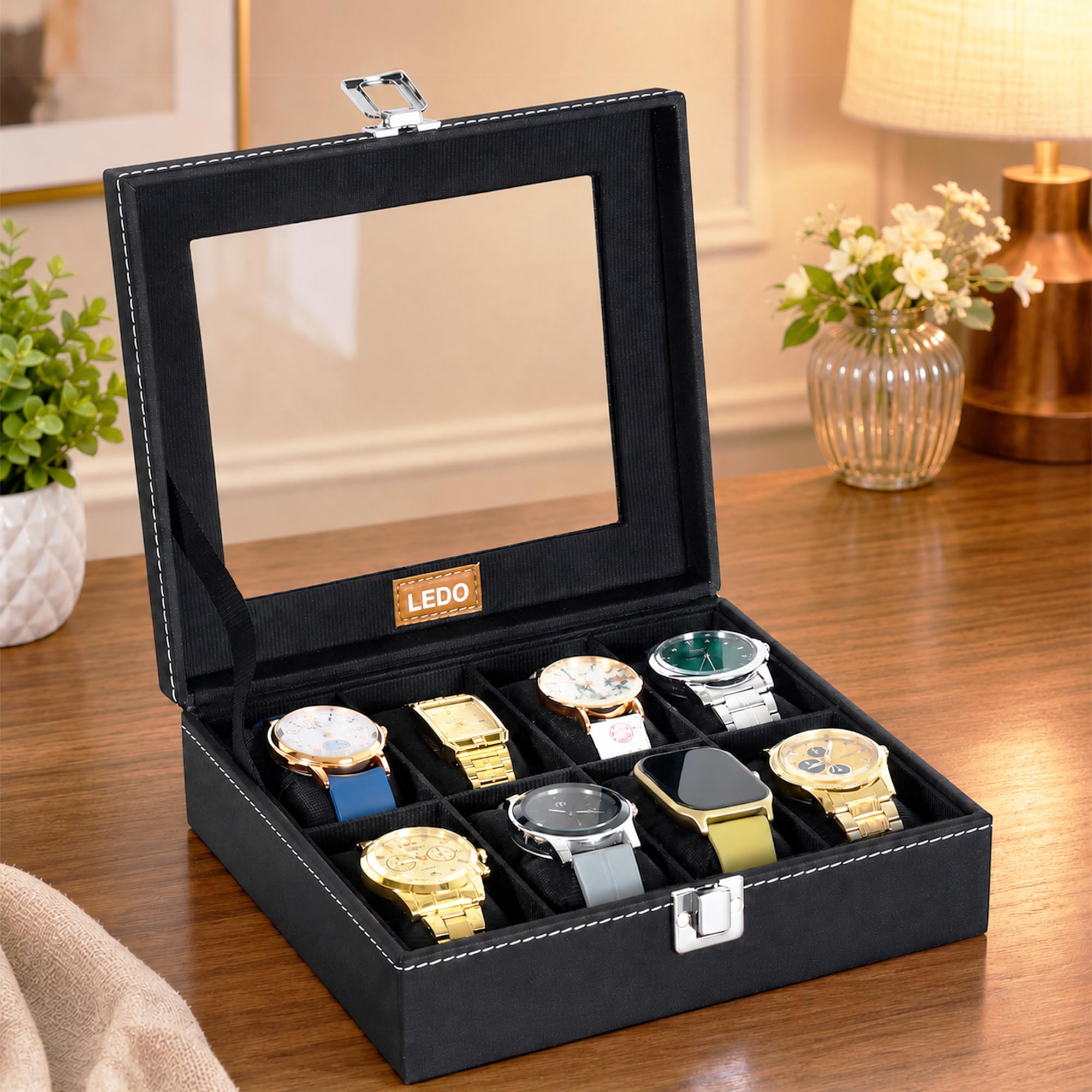 LEDO Men's and Women's Watch Box Holder Organizer Case In 8 Slots of watches In PU Leather with Black & Black