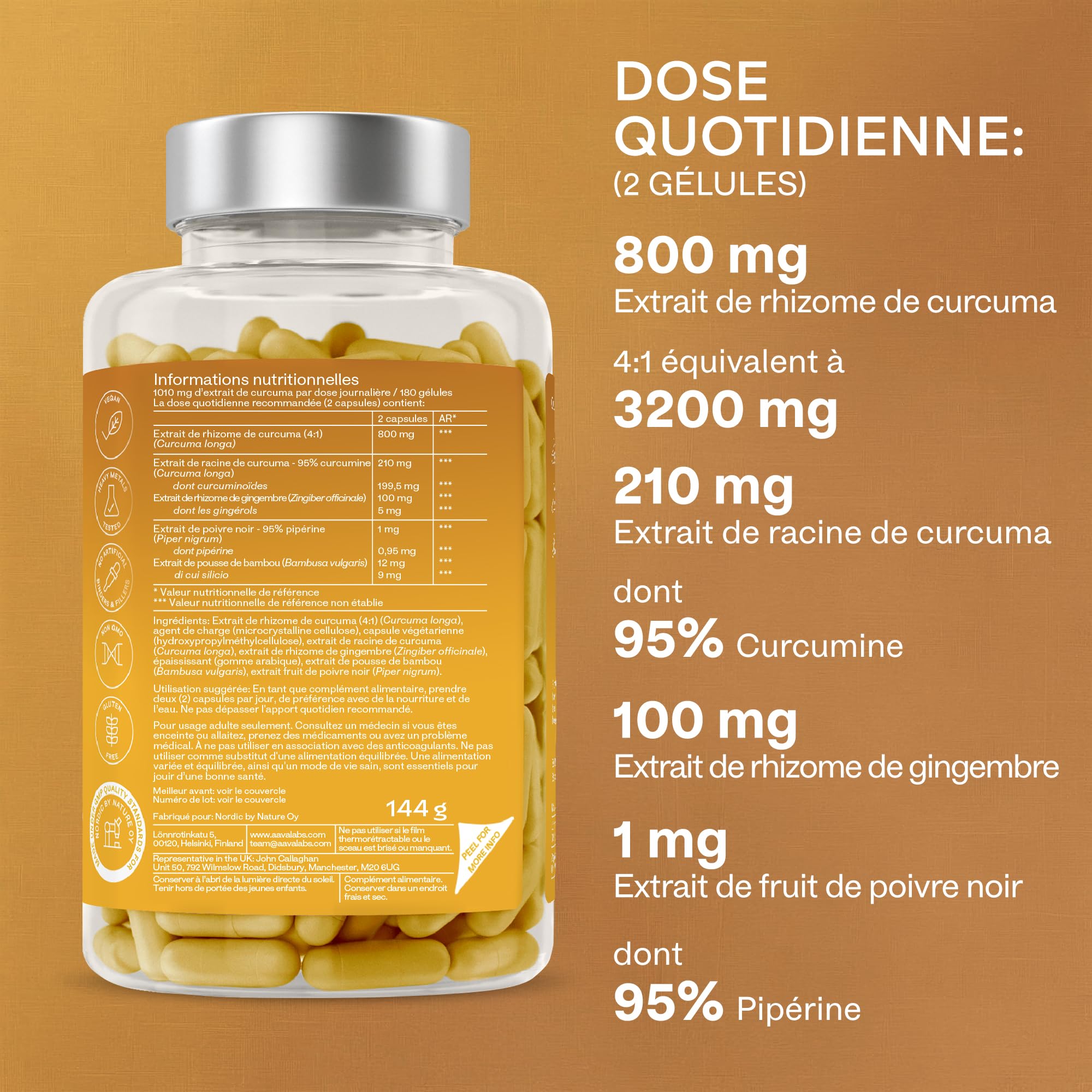 Curcumine Curcuma Gingembre Poivre Noir - Extrait de Curcuma, Piperine, Gingembre Gelule avec 95% de Curcumin et Pipérine - Turmeric Curcumin Vegan et sans OGM - 180 gélules