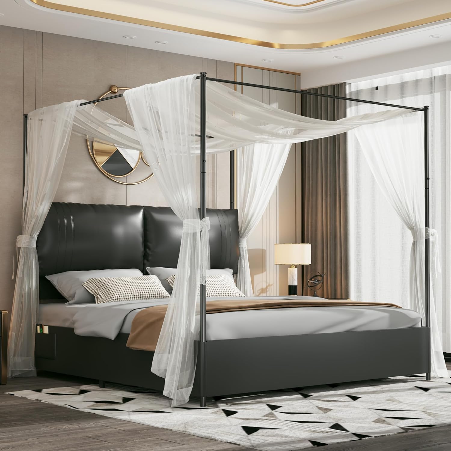 Canopy Bed Frame King Size with Upholstered Headboard, Sturdy and Stable, Easy to Assemble, Metal Bar Support, no Spring Mattress Required. (Black, King)