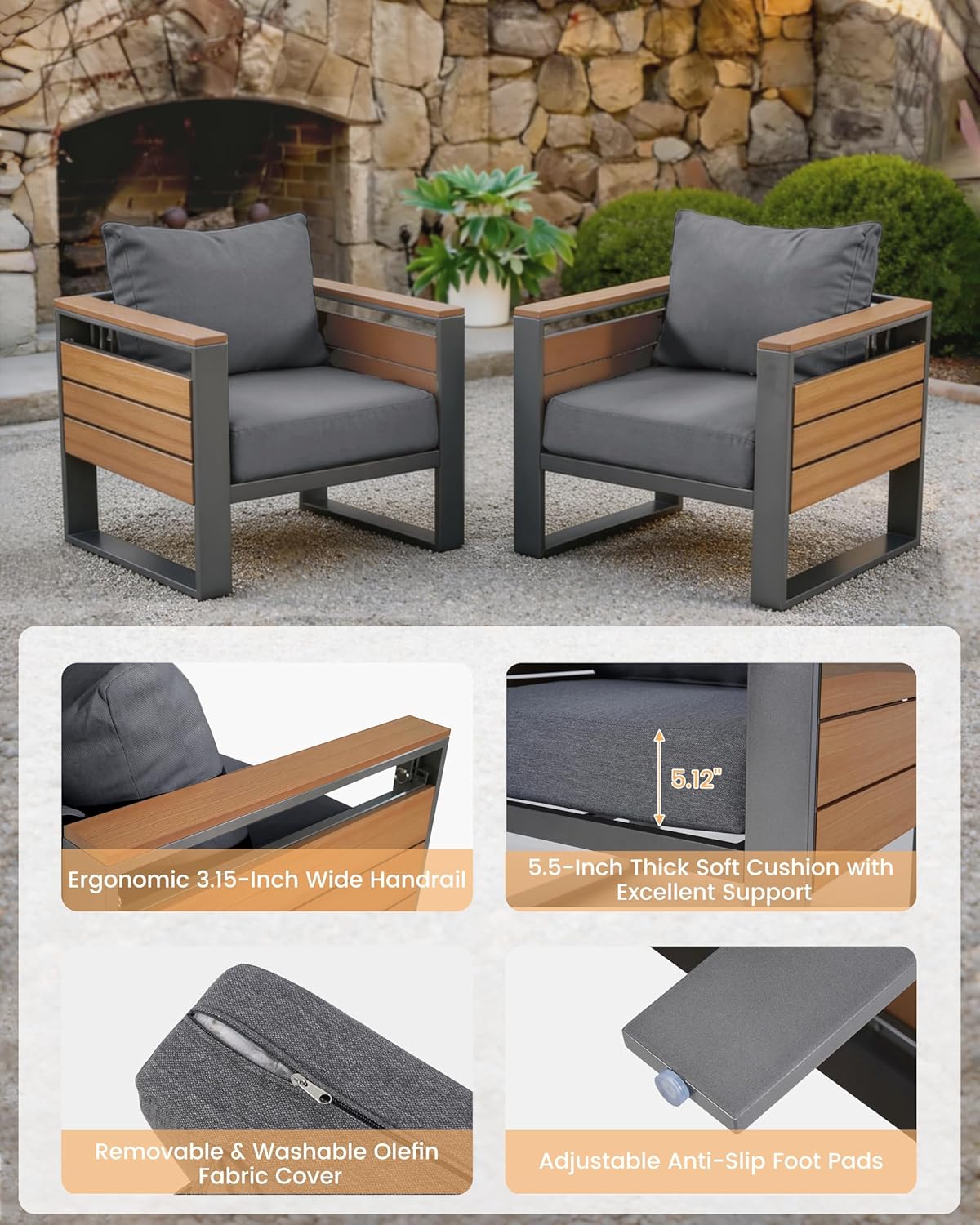 Sundale Outdoor 3-Seat Aluminum Patio Sofa, Shimmer Coated Outdoor Couch with 2 Extendable Side Tables, All Weather Outdoor Furniture for Balcony, Porch (Grey, 3-Seat Sofa)