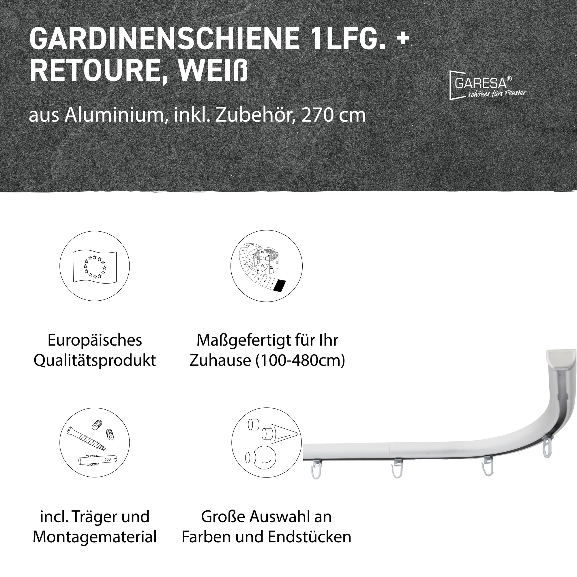 Garesa Gardinenschiene Profil 400, 1-läufig, Weiß I Aluminiumschiene inkl. Gleiter I Mit Retouren I Deckenmontage I Halbrunde Vorhangschiene I 270cm