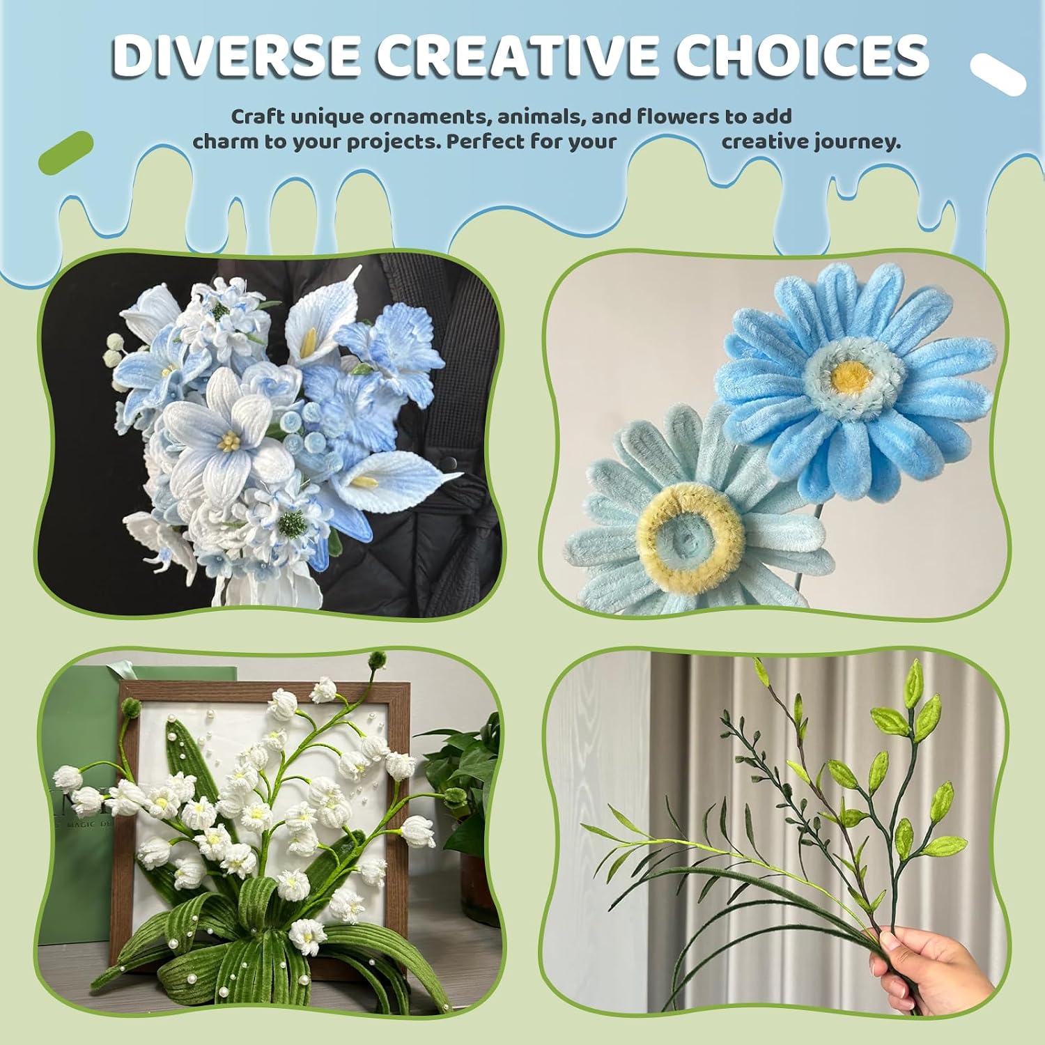Pipe Cleaners Craft Bulk 422PCS, Cordial Sanguine Pipe Cleaner Flower Kit 4 Colors 12inch Green White Blue Chenille Stems Limpia Pipas Fuzzy Wire for Arts Crafts and Creative DIY Decorations
