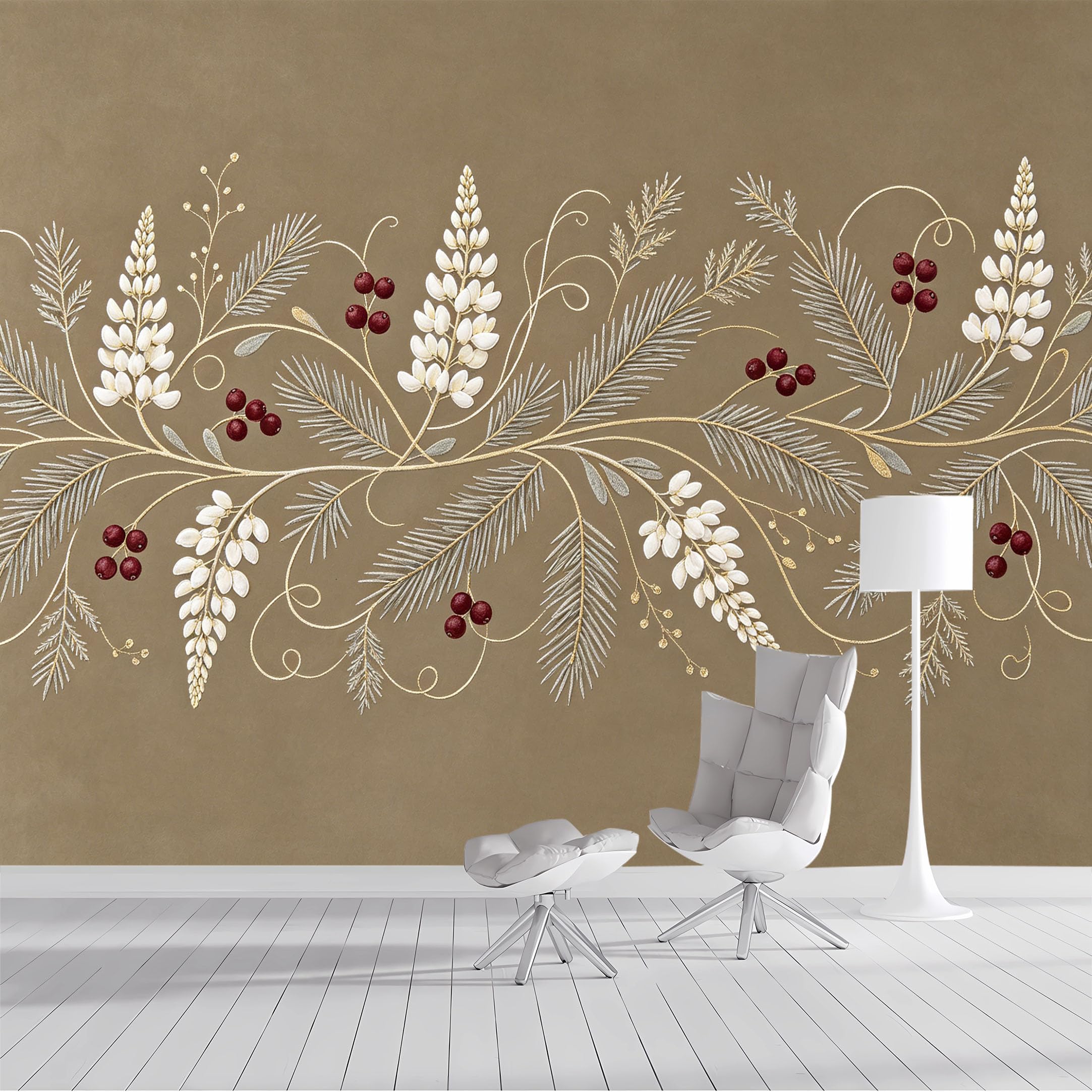 Custom Size Wall Mural Botanical Floral Branches Berries Watercolor SelfAdhesive Wall Fabric Removable Peel and Stick Wallpaper Wall Decor for Living Room Bedroom Bathroom