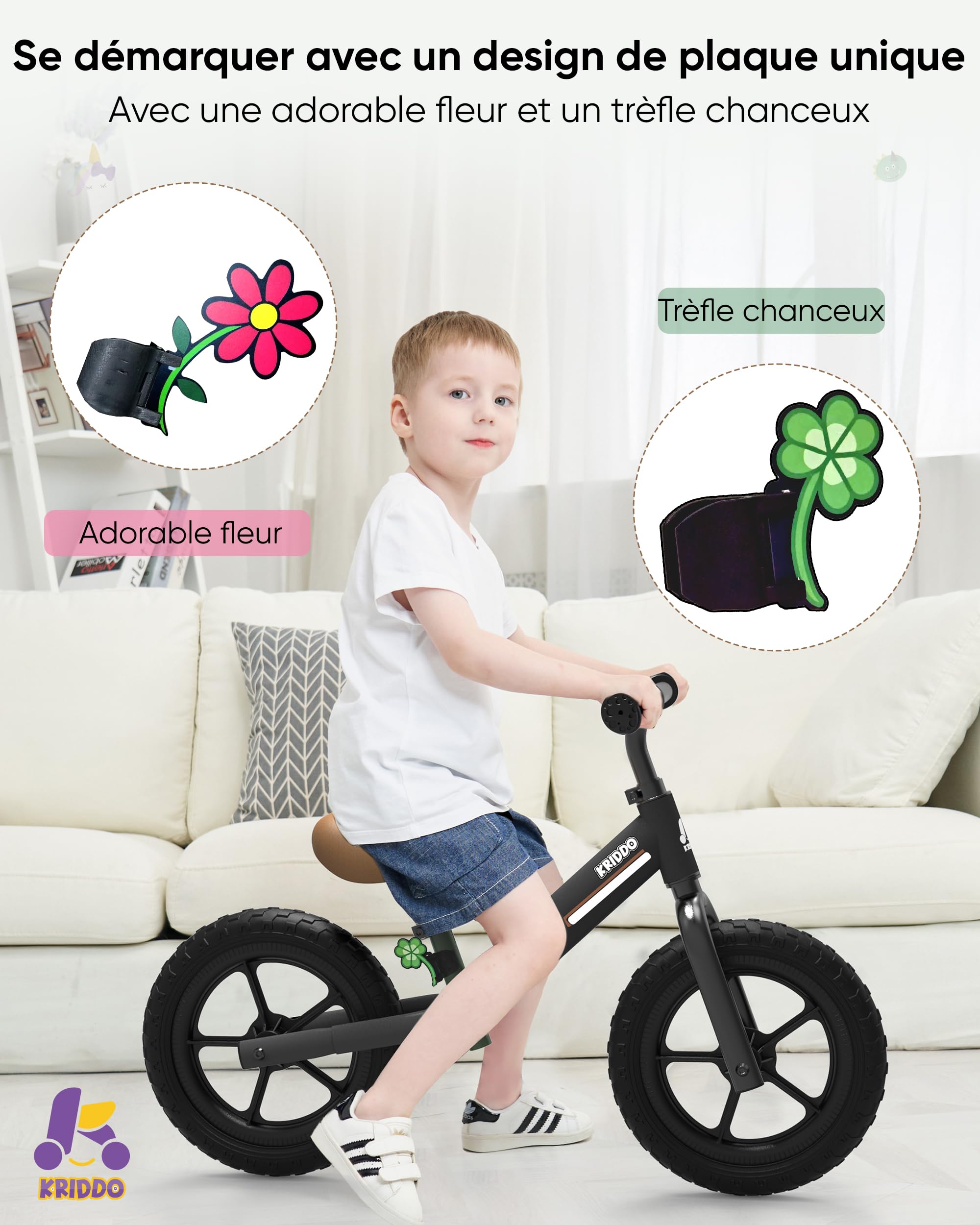 KRIDDO Vélo d'équilibre pour Enfant de 2 à 5 Ans, Double roulement pour Une Conduite Plus Fluide, Plaque Adorable, siège et Guidon réglables, Cadeaux pour Tout-Petits de 2 à 3 Ans