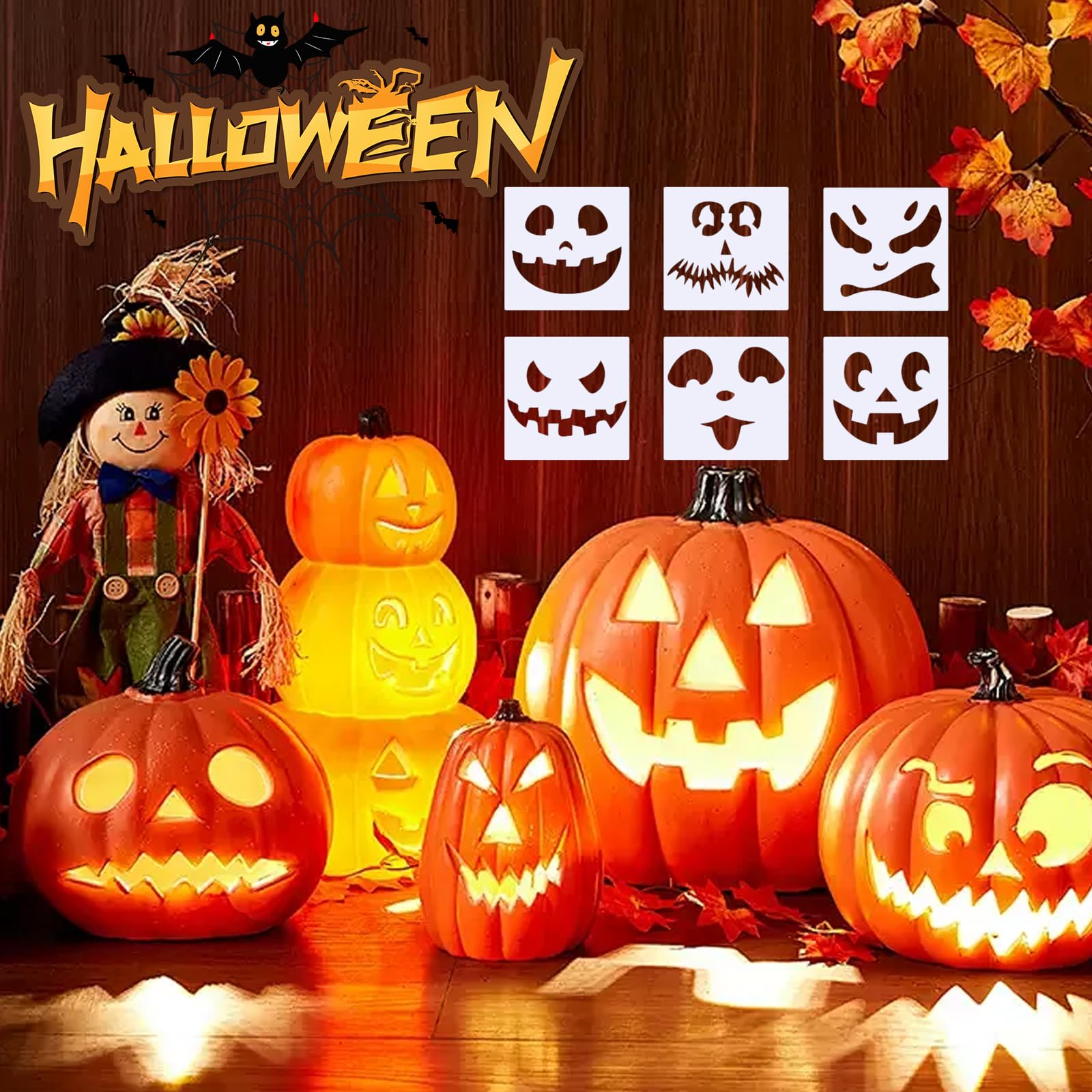 Kit de Calabaza Tallado de Halloween,Juego de Tallado de Calabaza de Halloween,Herramientas para Tallar Calabazas con Bolsa de Almacenamiento y 6 Plantilla de Grabado para Adultos Inoxidable