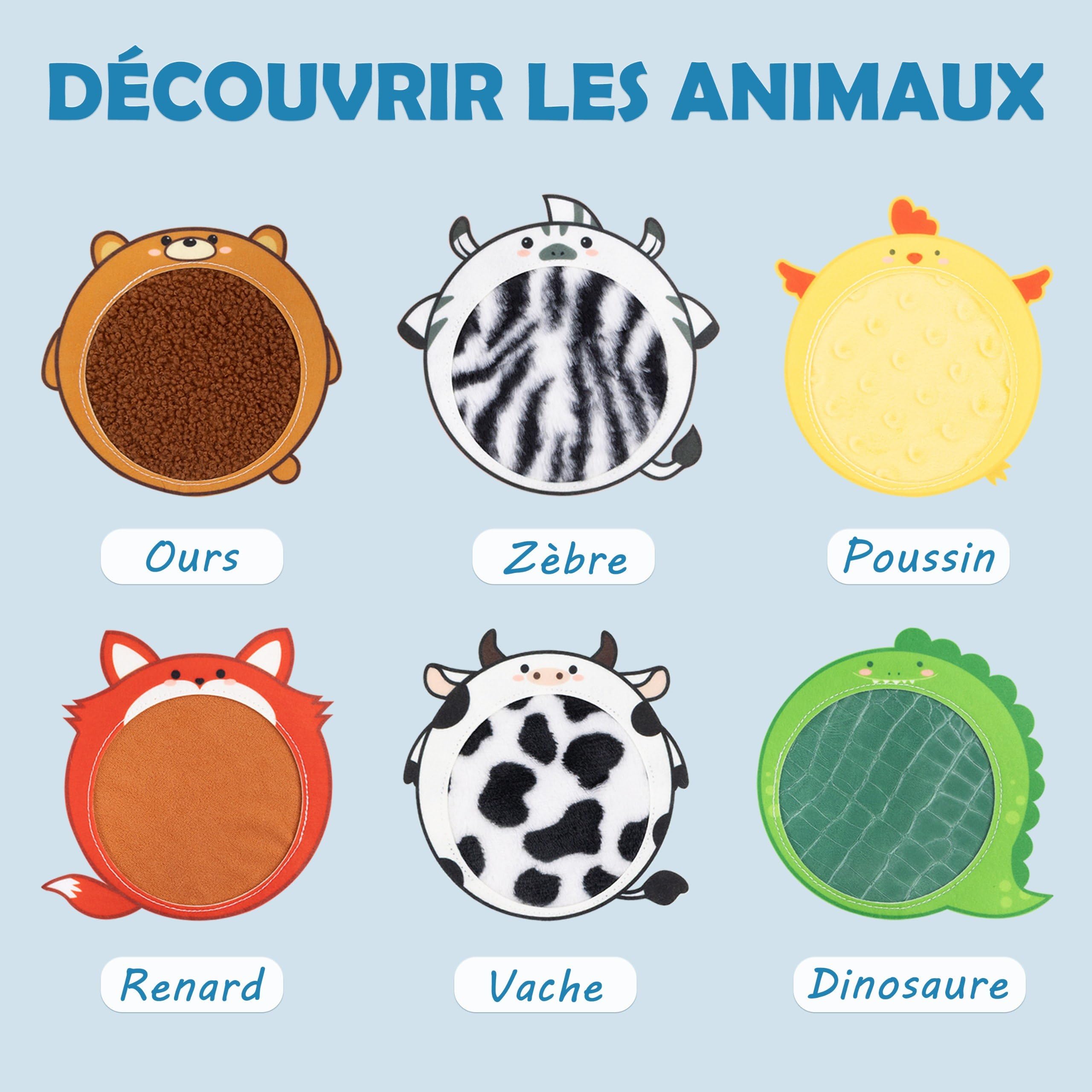 The Little Ones Malin I Livre sensoriel d’éveil Montessori de motricité fine en français pour bébé de 1 à 3 ans, cadeau pour fille et garçon busy board avec animaux, textures et pages en couleurs.
