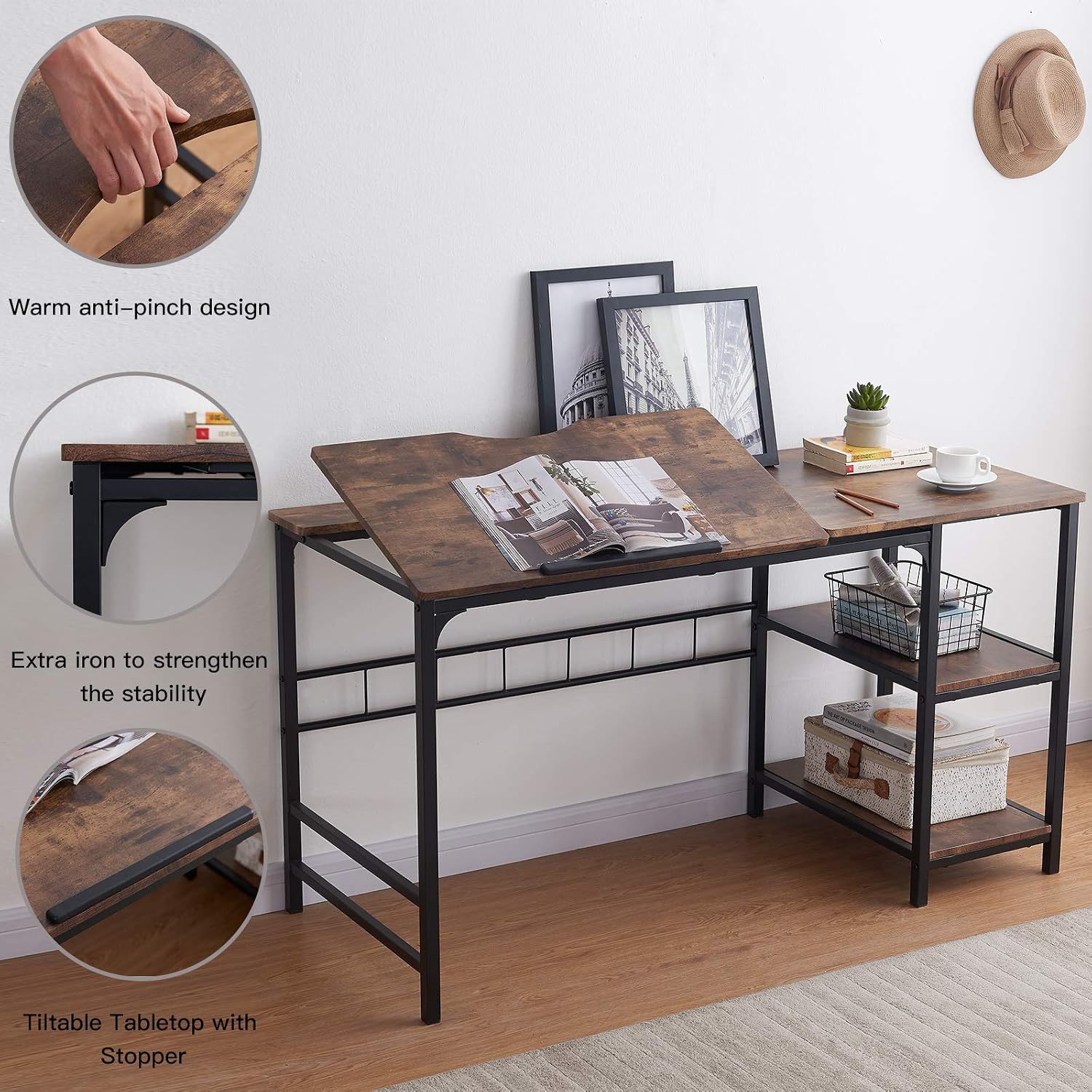OIAHOMY Home Office Desk 55” Computer Desk, Large Draft Drawing Table with 2-Tier Shelf Multifunctional Study Writing Table, Tiltable PC Laptop Desk Workstation Modern Art Craft Desk -Rustic Brown