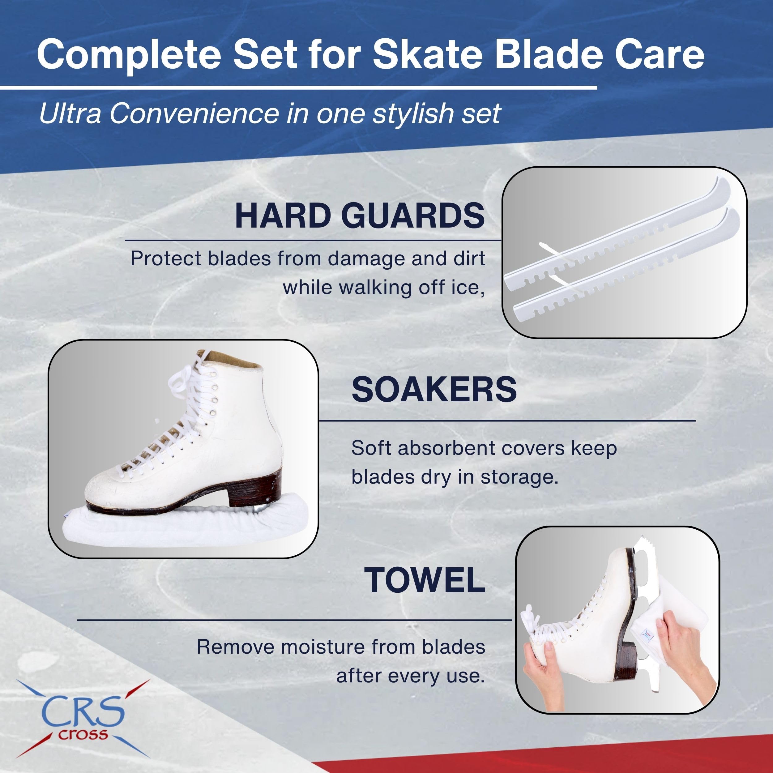 CRS Cross Juego de protectores de patinaje sobre hielo, remojo y toalla, diseño de una pieza con cubiertas suaves de hoja de patinaje y toalla (par de protectores ajustables, no requiere montaje)