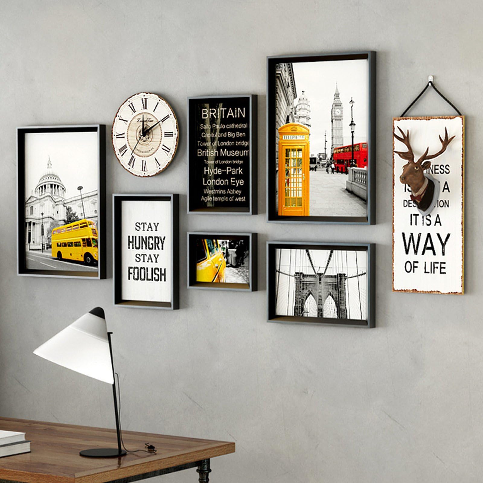 WollWoll City Life Decorative Hanging Board Deer Head and Wall Clock Synthetic Wood Photo Frame (185 cm x 1.6 cm x 88 cm, Black, Set of 8)