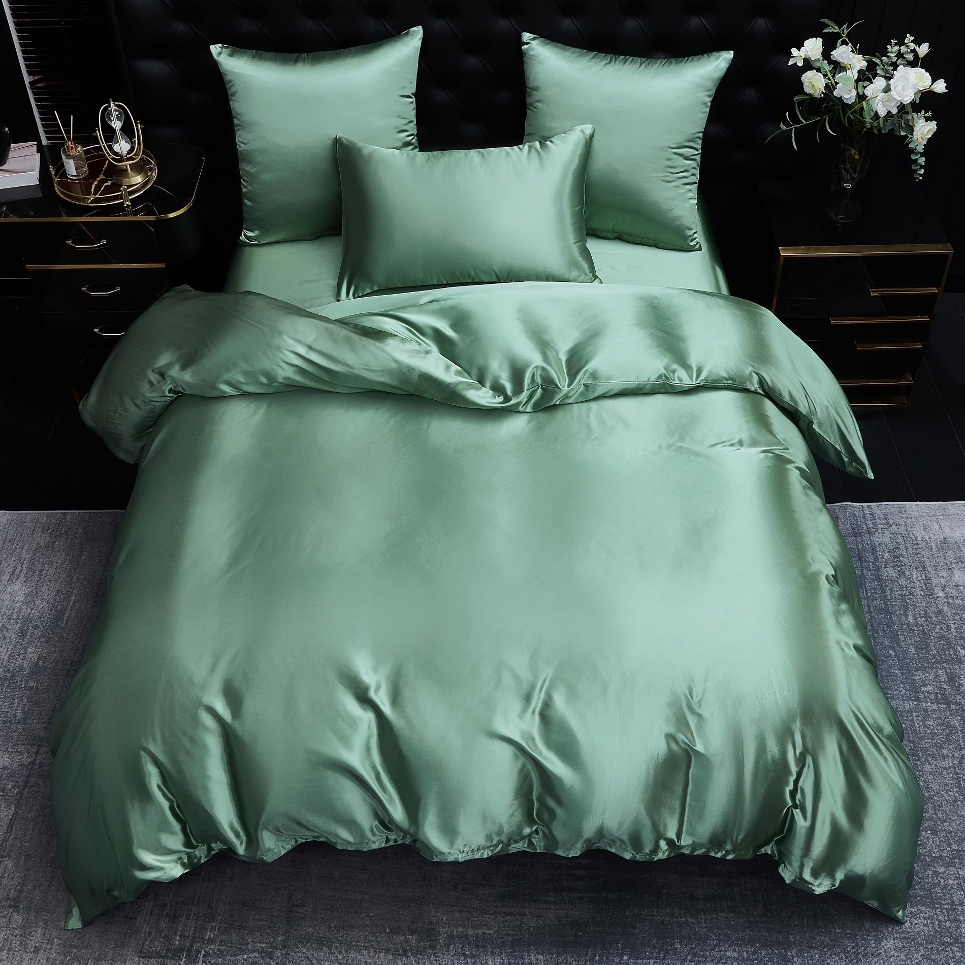 Biancheria da letto in raso 200x220 Verde erba brillante tinta unita satinata biancheria da letto lucida e liscia set di copripiumino deluxe morbido e setoso 3 pezzi con cerniera e 2 federe