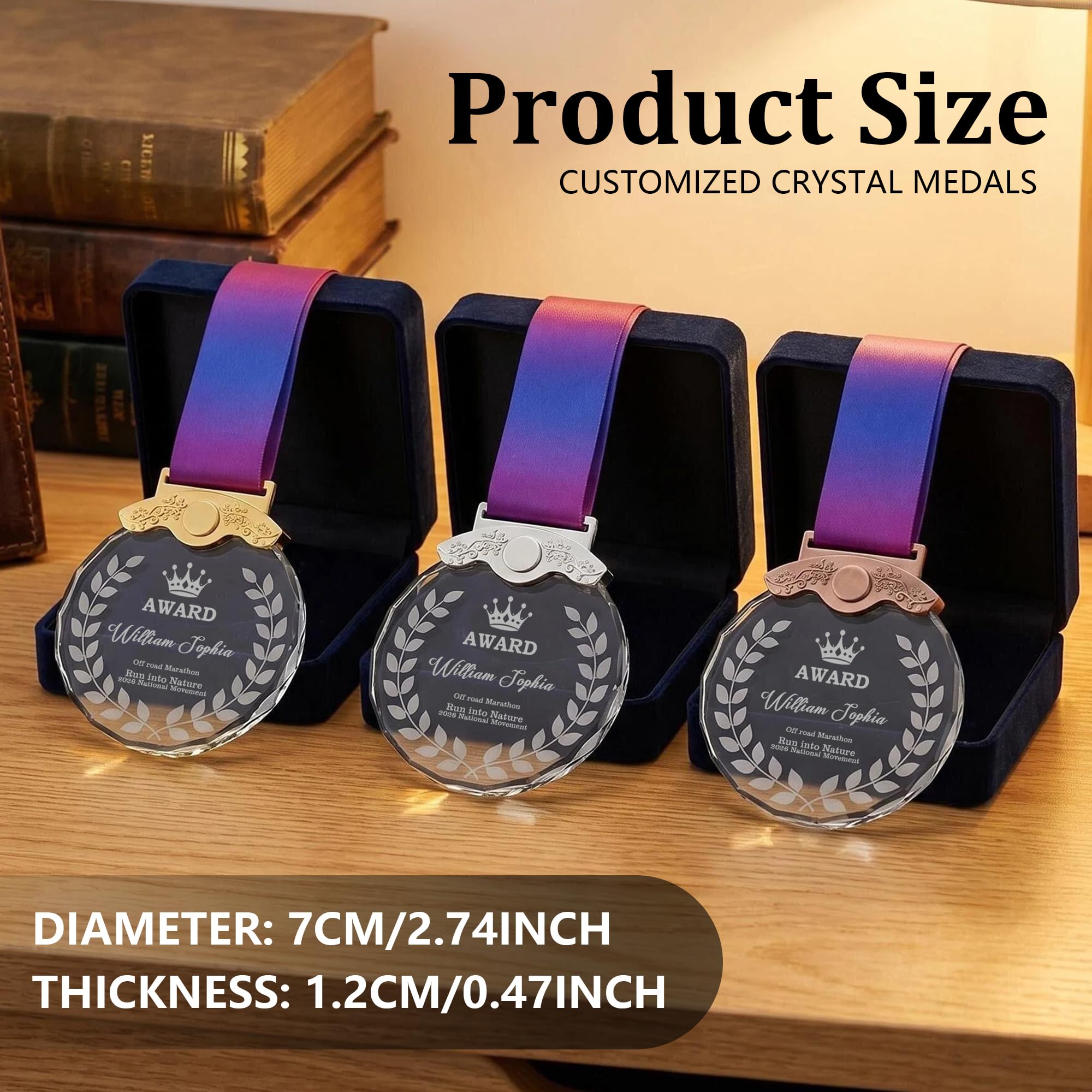 Médaille Personnalisée avec Texte Motif et Logo, Or, Argent, Bronze, Medaille Cristal Gravé pour Concours Scolaires, Compétitions, Cadeau d'entreprise pour Récompense Employé