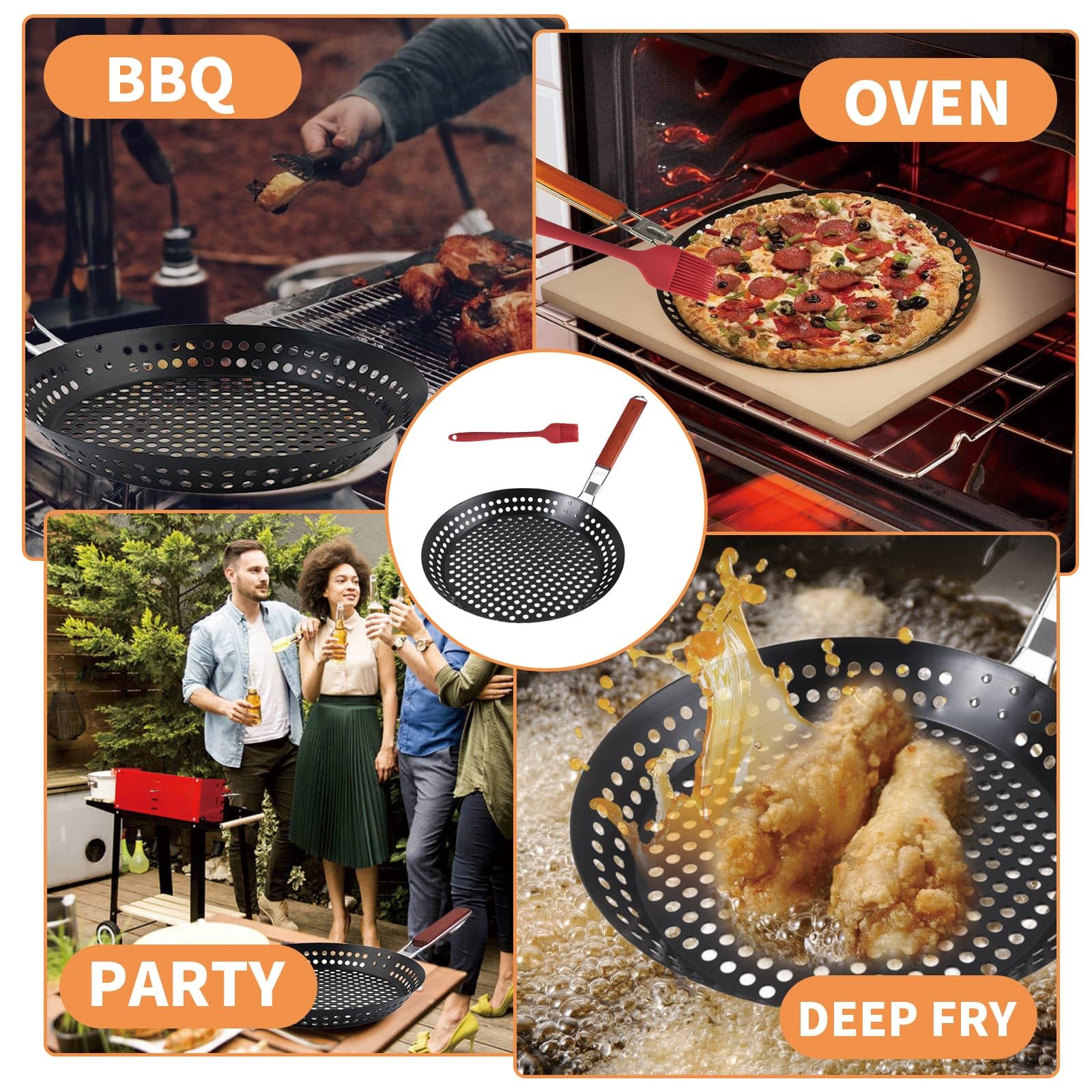 Sartén antiadherente para barbacoa de 12 pulgadas, sartén con mango plegable con agujeros | Sartén de madera con mango plegable para barbacoa al aire libre