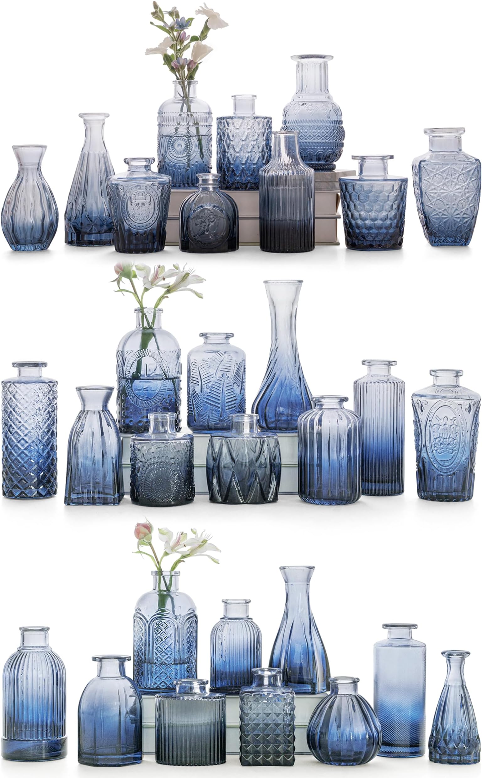 Blue Glass Bud Vases Set 30,Vases in Bulk,Small Vases Bulk for Flowers,Glass Vases