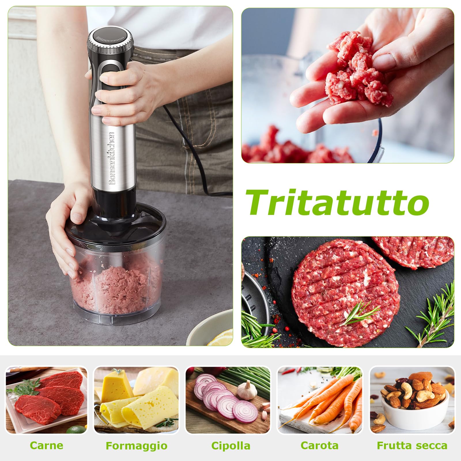 Bonsenkitchen Frullatore a Immersione 4-in-1, Piede in Acciaio Inox, 1000W