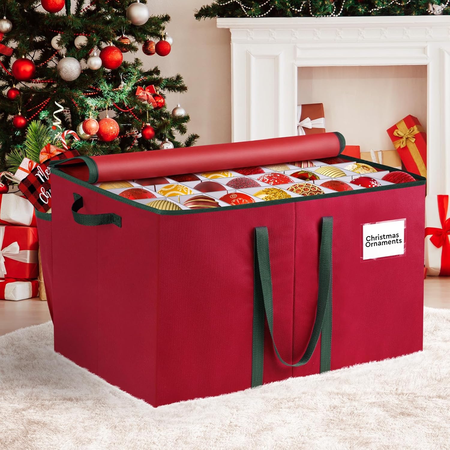 Christmas Ornament Storage Box, Store Up to 128 Ornaments, Durable Christmas Storage Container, Dual Zipper & Adjustable, Large Organizer Bin to Protect and Store Holiday Ornaments(Red)