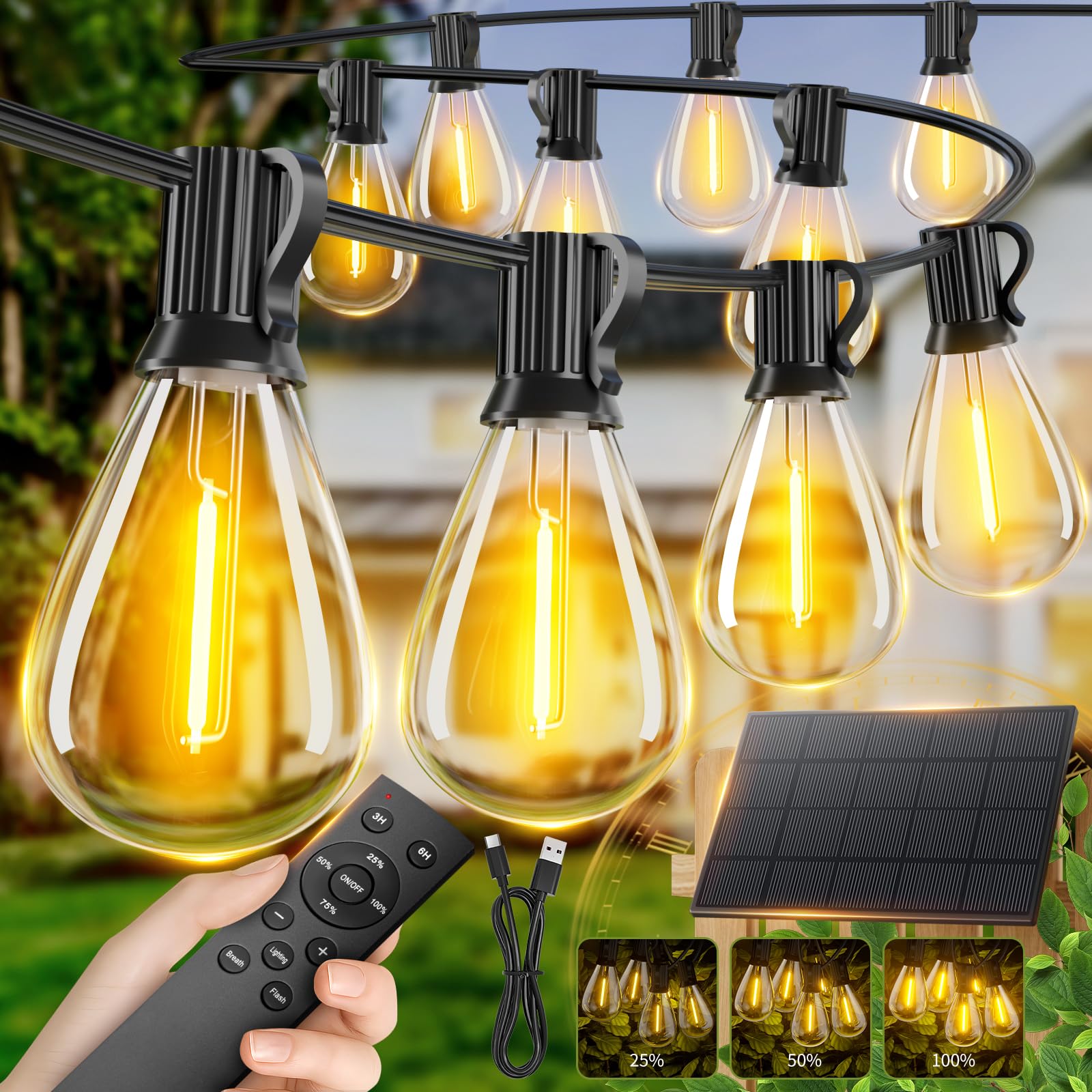 Sikitul 50FT Solar String Lights Outdoor Waterproof with Remote