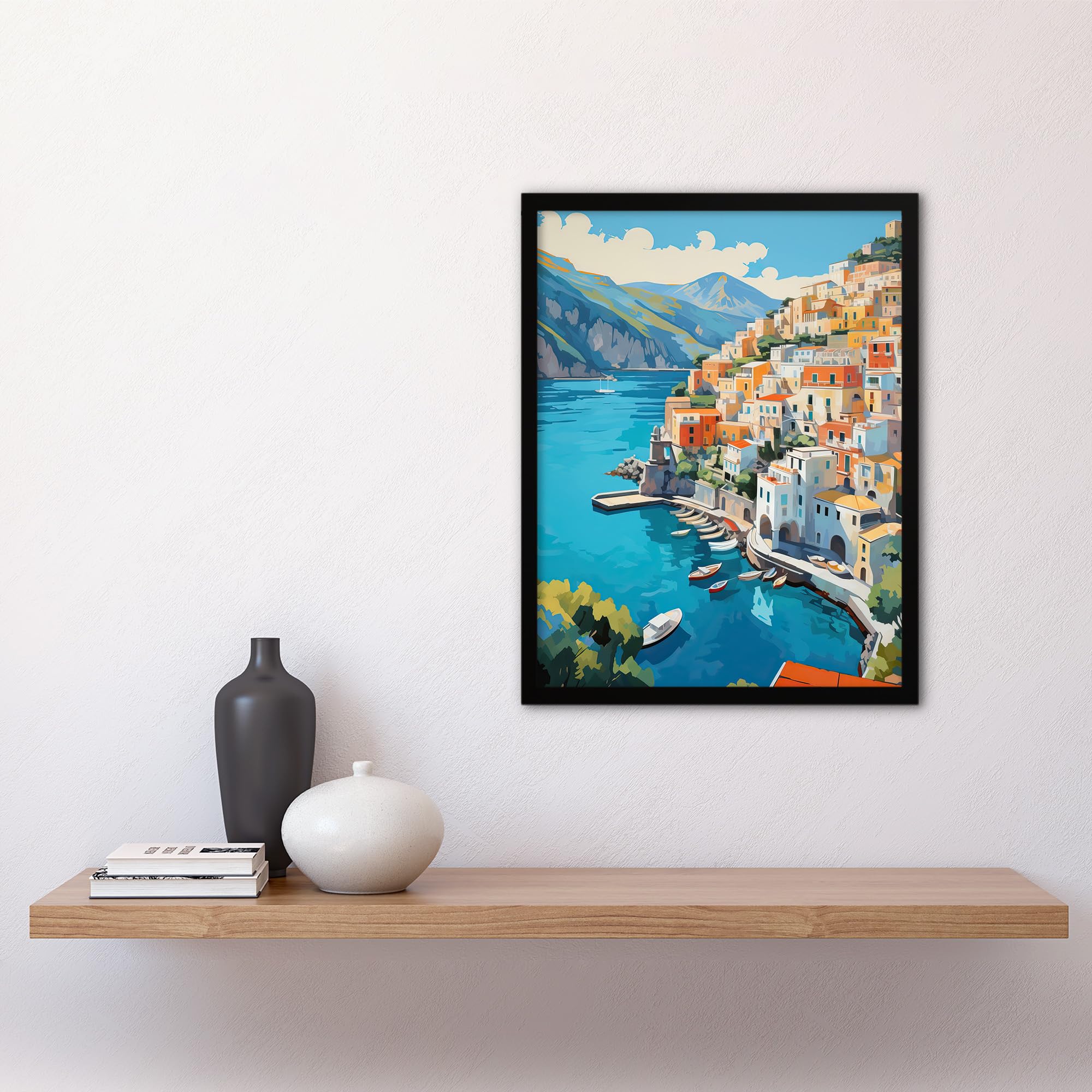Artery8 Amalfi Coast Artwork Blue Orange Green Italy Coastal Village Landscape Art Print Framed Poster Wall Decor 12x16 inch - Image 4