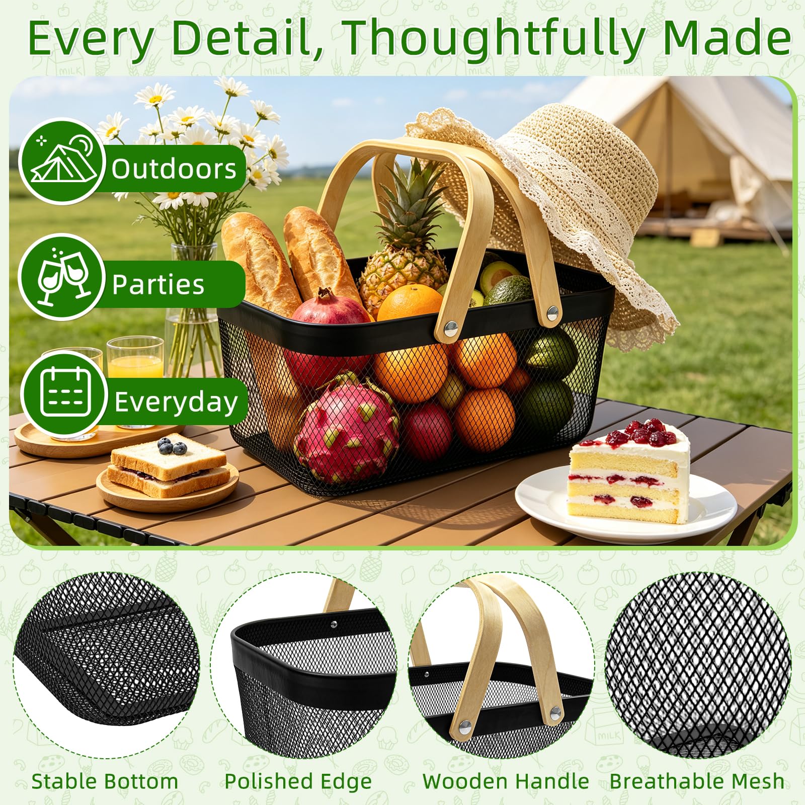 Cheardia Paquete de 2 cestas de picnic, cesta de cosecha de malla de metal con mango de madera plegable, cesta de almacenamiento rectangular para jardín, verduras, frutas, jardín, cocina, armario,
