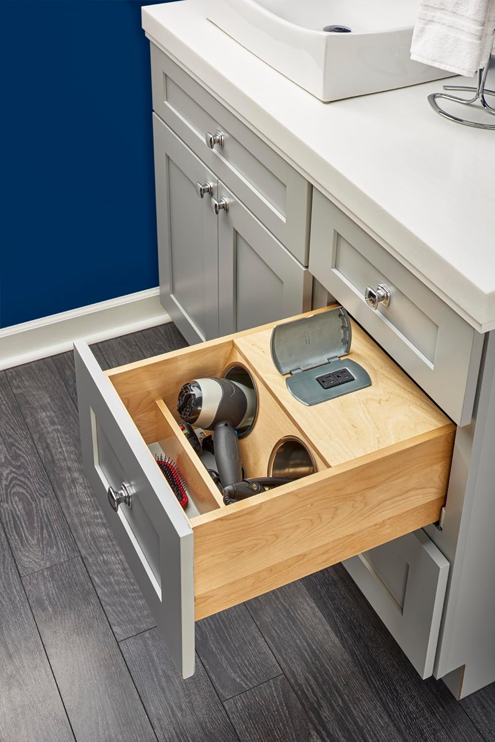Rev-A-Shelf Wood Vanity Cabinet Pullout Organizer w/Power Outlets and Soft-Close