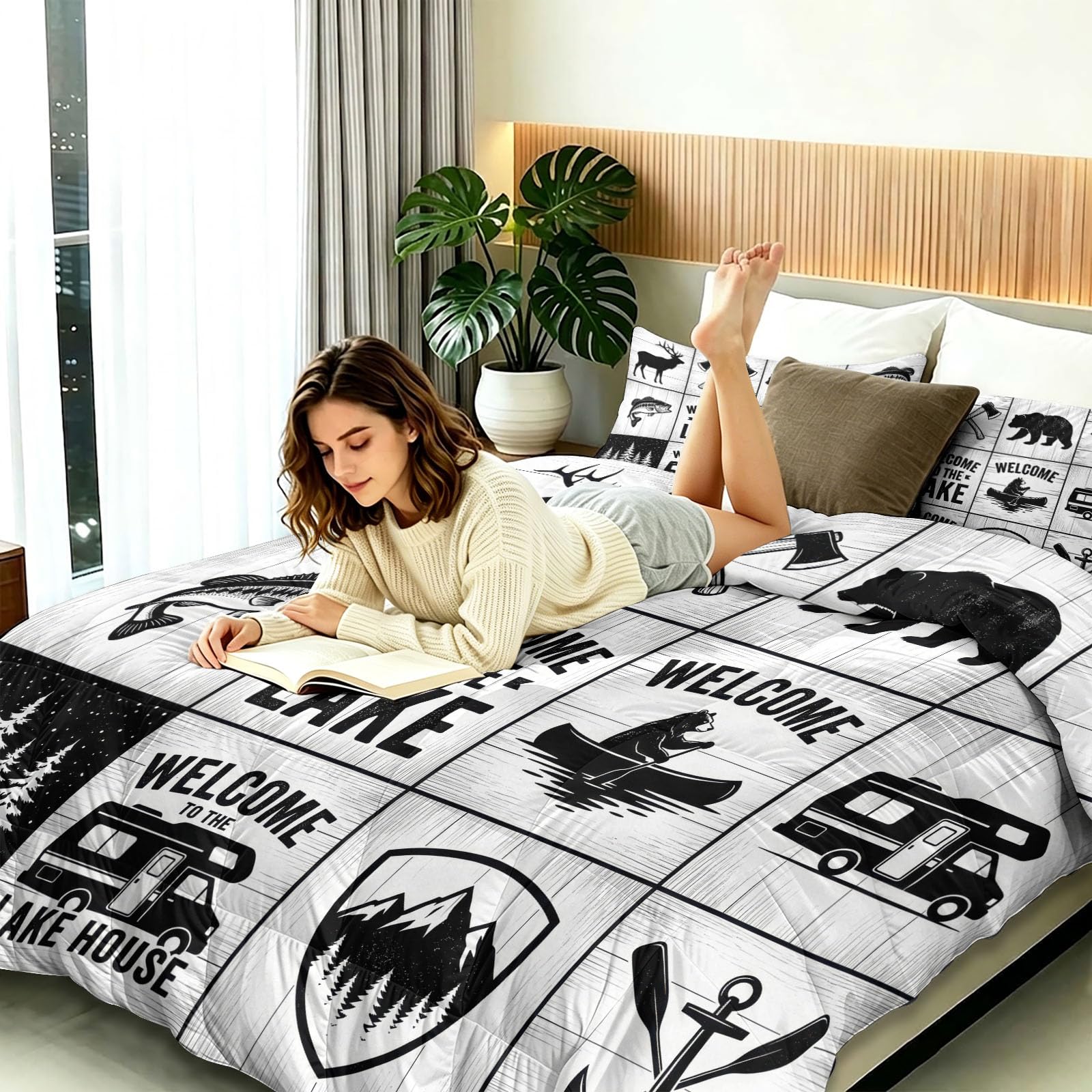 Trapunta estiva da 200 x 200 cm, stile americano, retrò, in microfibra, calda, traspirante, con casetta dei cartoni animati, lavabile, morbida, per tutto l'anno, senza fodera con 2 federe, nero