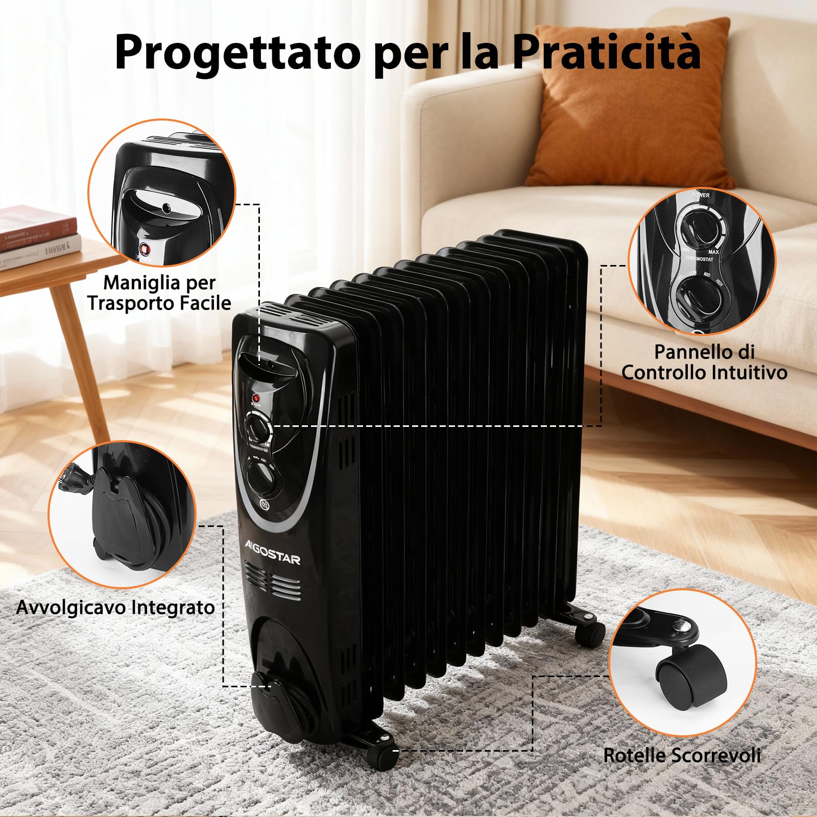 Aigostar Black Forest - Radiatore ad Olio 2500W, 13 Elementi Riscaldatore Elettrico Portatile, 3 Livelli di Calore, Termostato e Spegnimento Automatico di Sicurezza, Silenzioso, 55mq