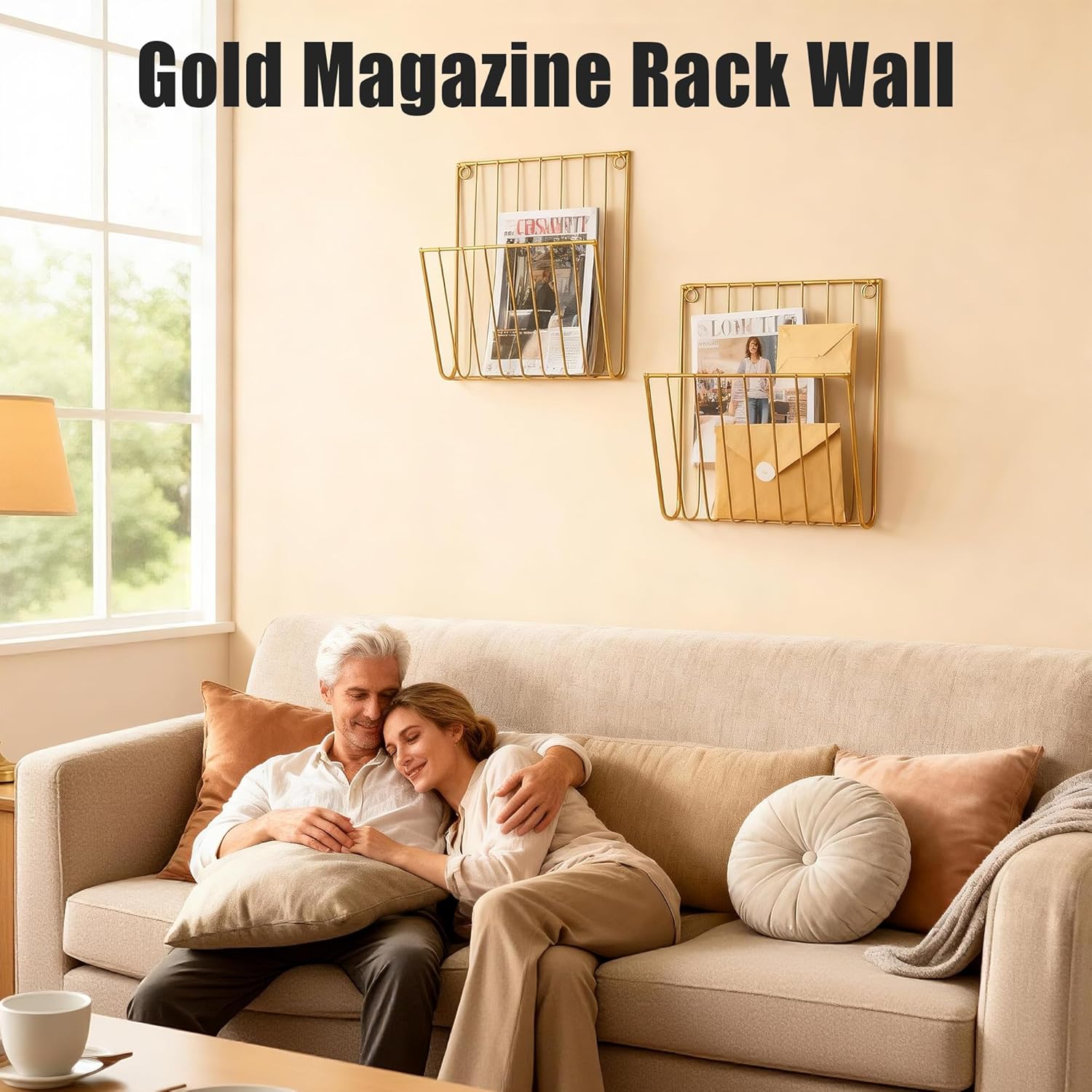 2-Pack Wall Magazine Holder File Organizer Mental , Wall Mounted Magazine Rack for Space-Saving, Walls Magazine Holder for Mail, Bathroom & Home Office Organizer, Office Living Room(Gold)