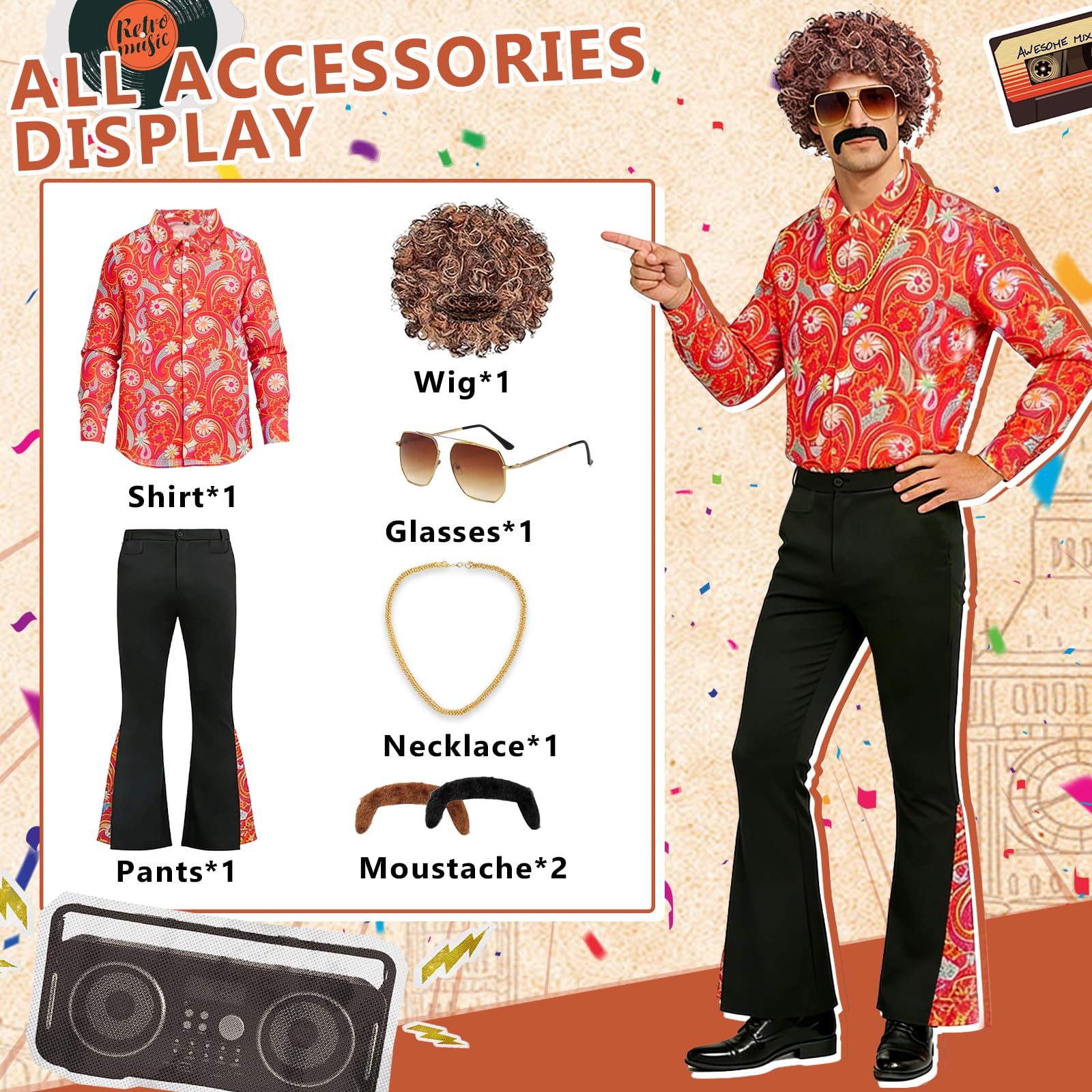 Disfraz Años 70 Hombre, Disfraz de Discoteca para Hombre Años 70 con Camisa, Pantalones, Peluca, Gafas, Barba y Cadena de Oro, Disfraces Originales Carnaval