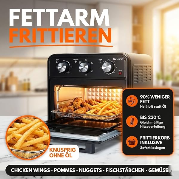 Sommertal Minibackofen 20 Liter mit Umluft & Heißluftfritteuse, Mini Backofen 1800W zum Backen, Grillen & Pizza, Tischbackofen klein mit Airfryer Funktion, 100–230°C, 60 Min. Timer, inkl. Zubehör - 3