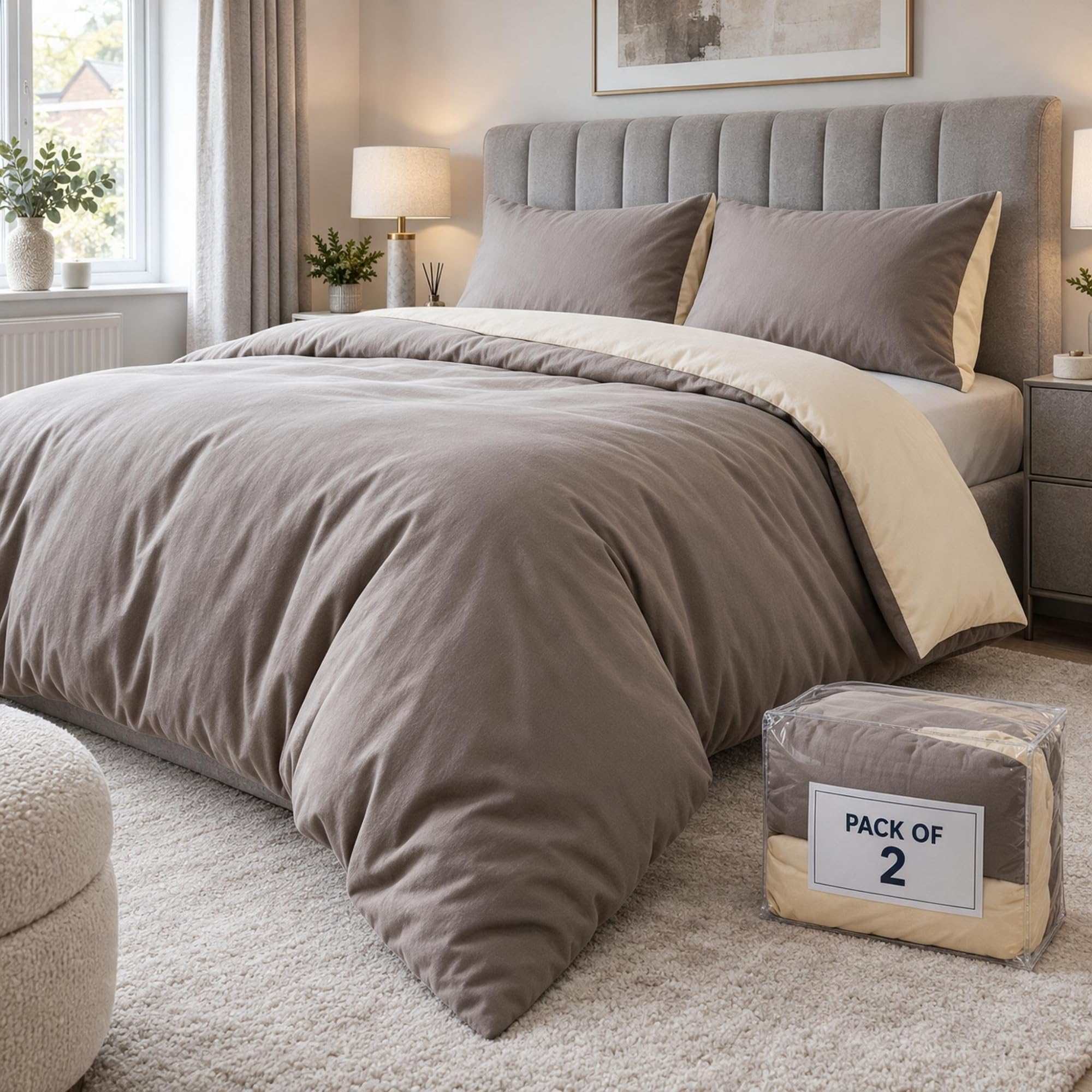 AQS INTERNATIONAL - 2x Reversible King Duvet Cover Set - Ultra Soft Brushed Microfiber Mink & Cream Bedding Set with Pillow Cases - Breathable Durable Easy Care Comfortable Bedding for Home