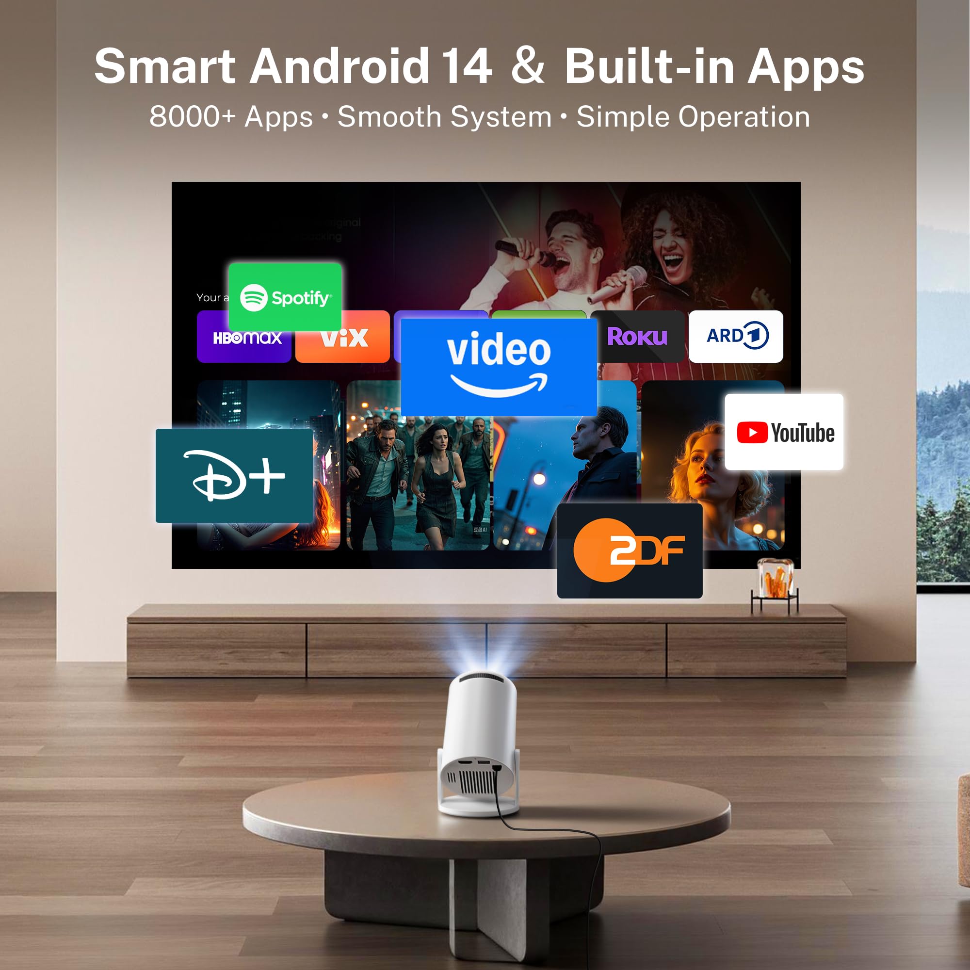 Mini Beamer 4K-Unterstützung, Android 14, WiFi&Bluetooth HY300pro+